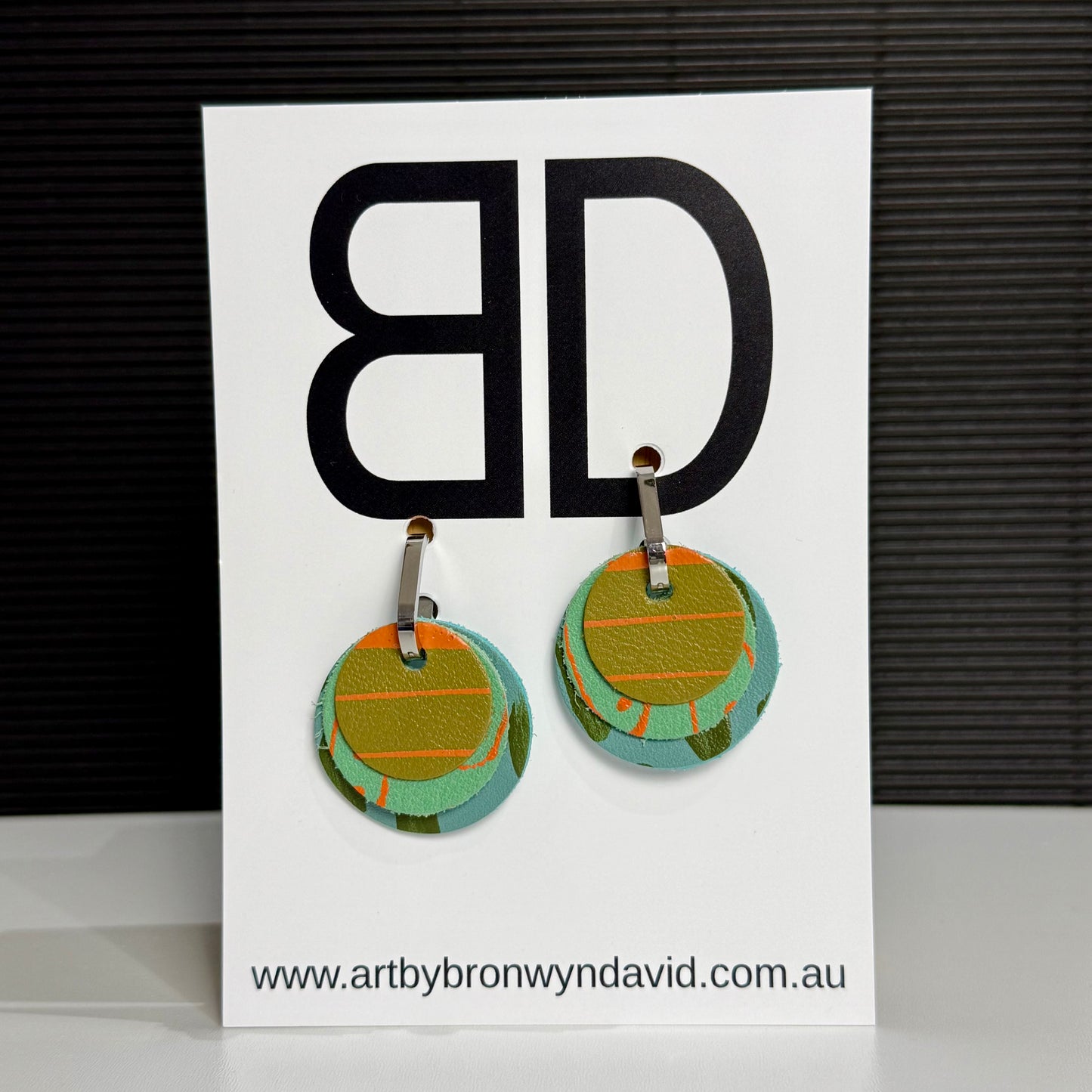 Interchangeable Huggies Blue and Green | Aboriginal Leather Earrings | Art by Bronwyn David