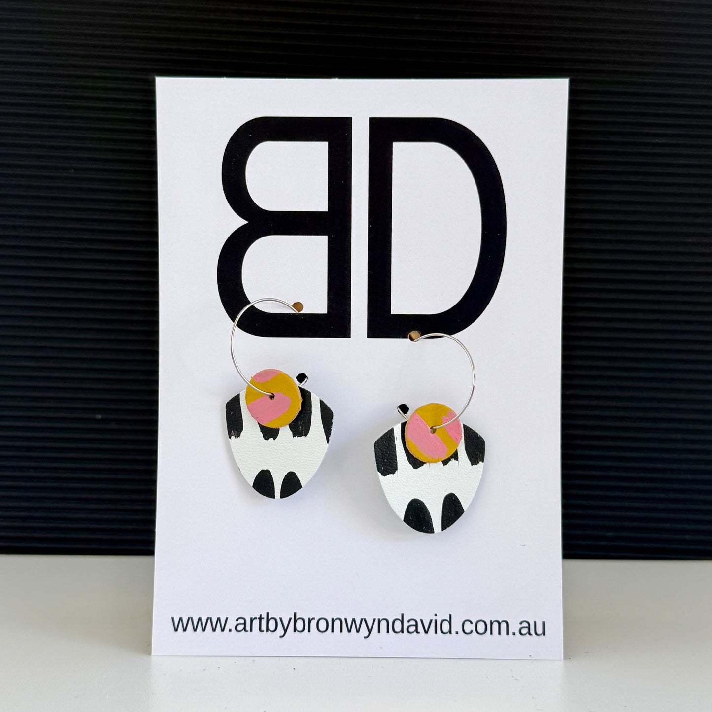 Mini Statement Hoops White and Black | Aboriginal Leather Earrings | Art by Bronwyn David