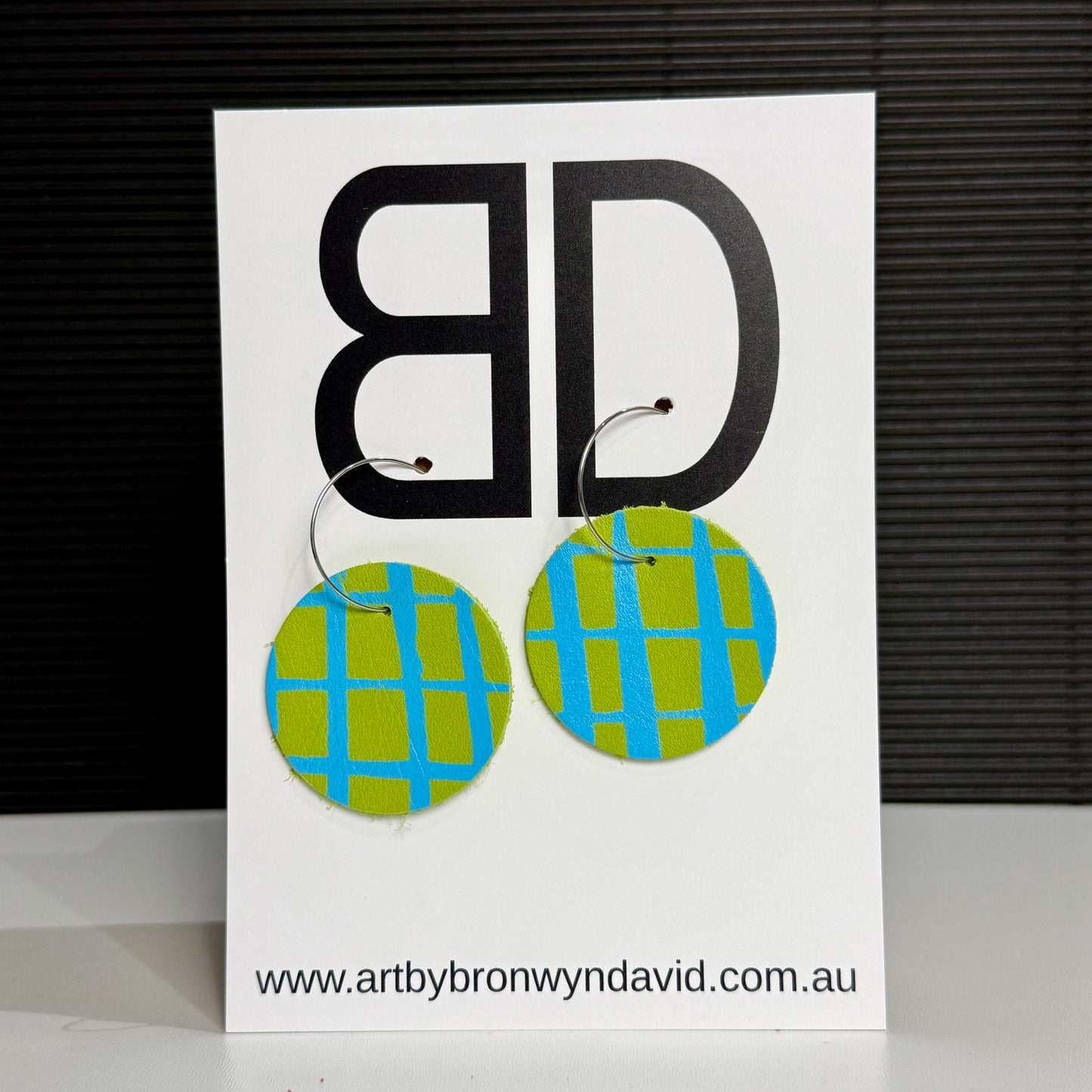 Moon Hoops Blue and Green | Aboriginal Leather Earrings | Art by Bronwyn David