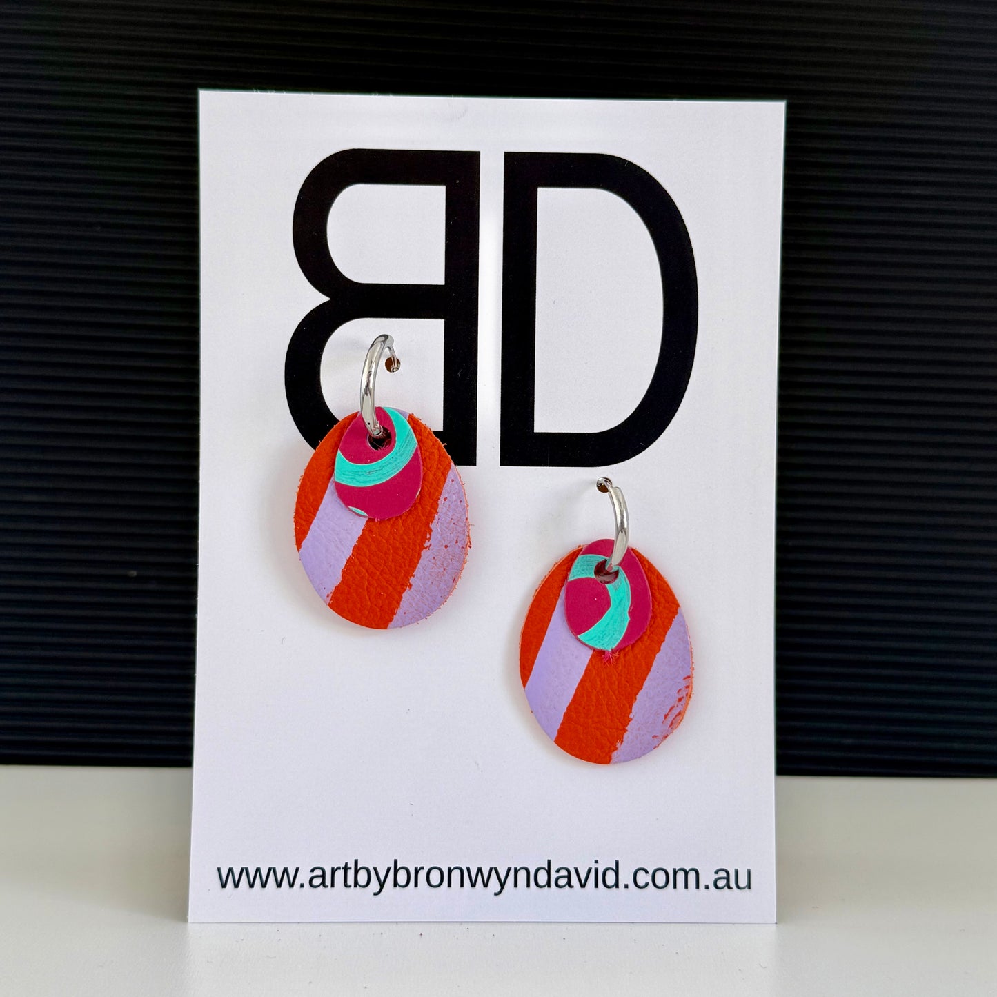 Interchangeable Huggies Orange and Purple | Aboriginal Leather Earrings | Art by Bronwyn David