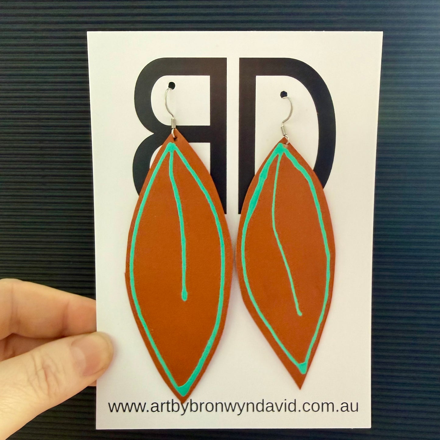 NAIDOC Collection, green and brown gum leaves | Aboriginal Leather Earrings | Art by Bronwyn David