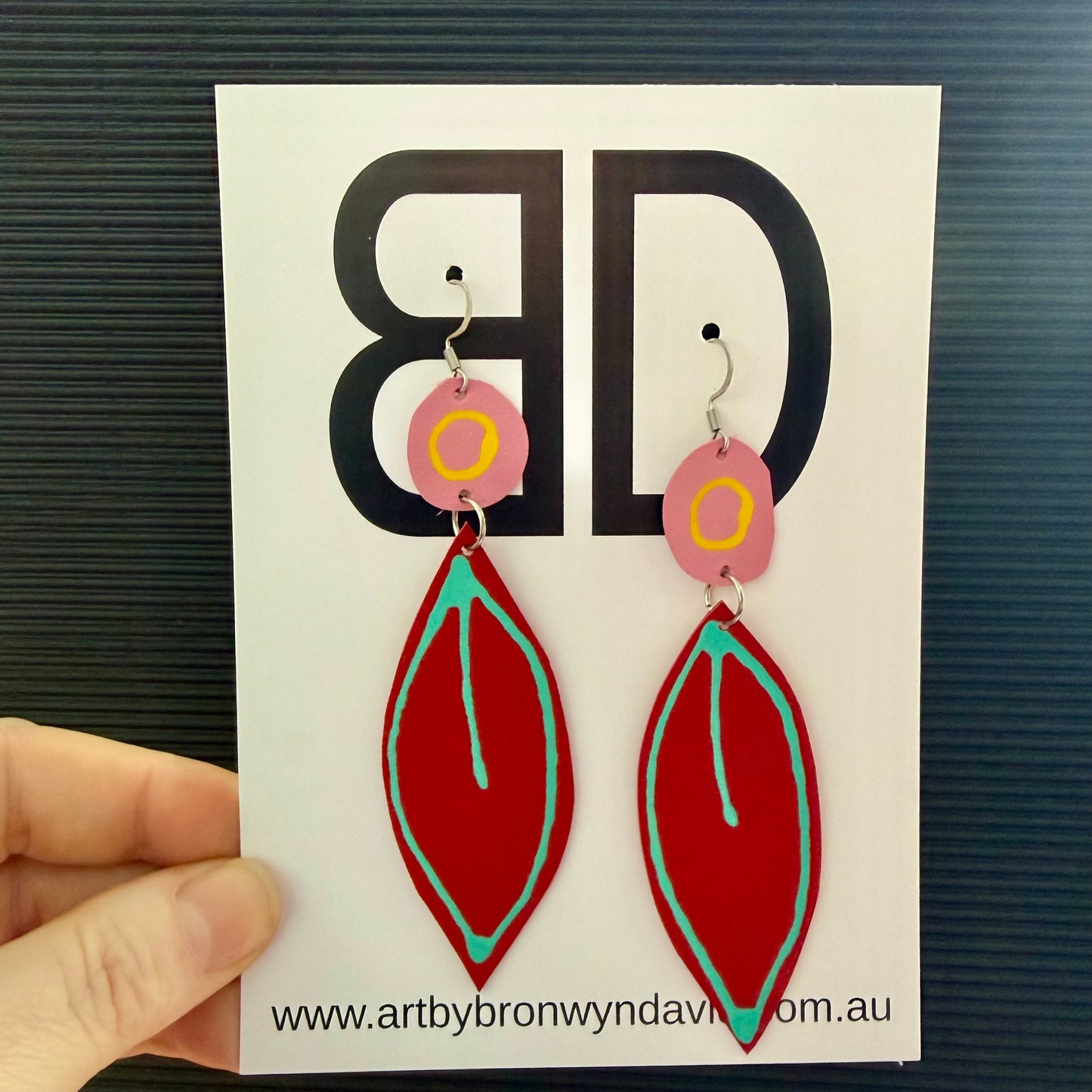 NAIDOC Collection, green and red flowering gum | Aboriginal Leather Earrings | Art by Bronwyn David