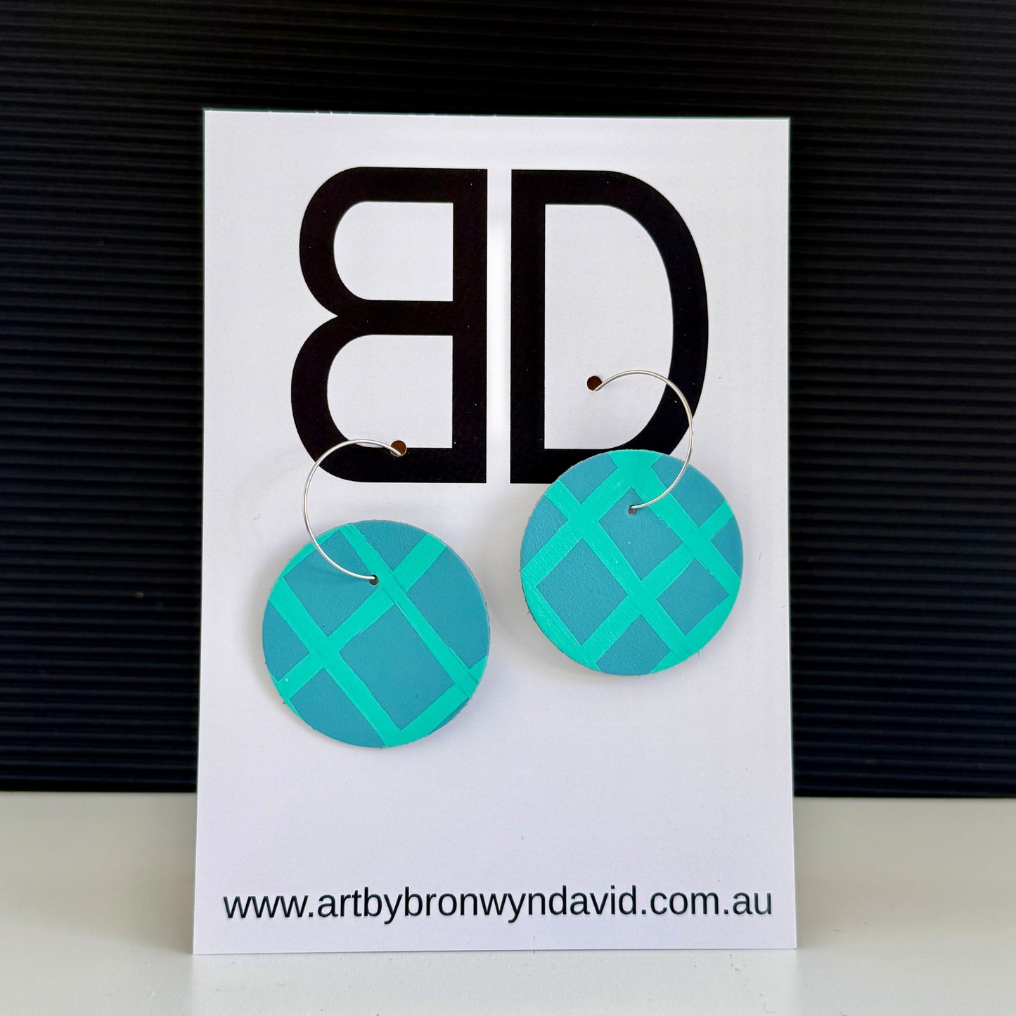 Moon Hoops Teal | Aboriginal Leather Earrings | Art by Bronwyn David