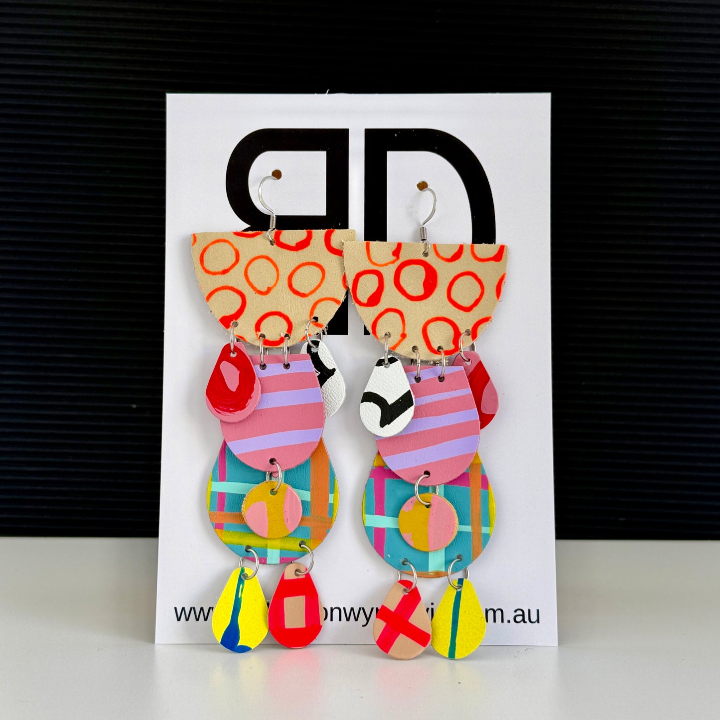 Half Moon Mega Statement Earrings Beige and Neon Orange| Aboriginal Leather Earrings | Art by Bronwyn David