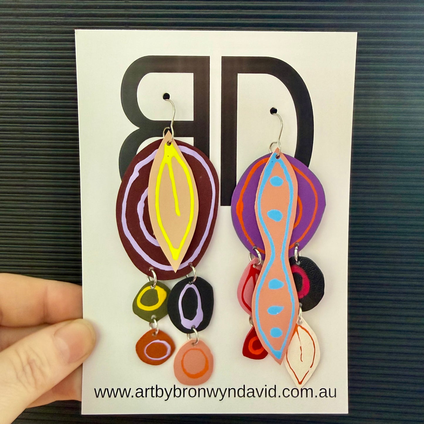 NAIDOC Collection Mismatch Brown and Purple Gathering Place | Aboriginal Leather Earrings | Art by Bronwyn David