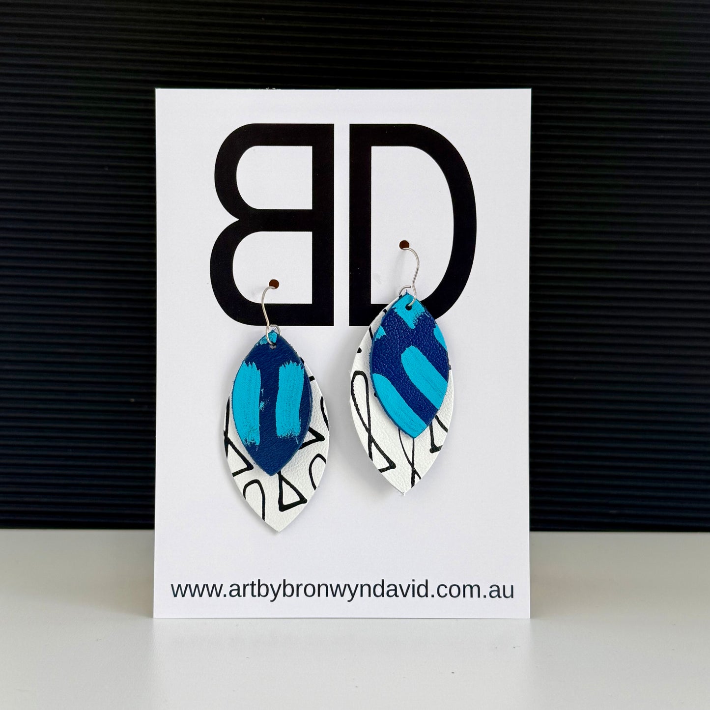 Double Leaves Blue | Aboriginal Leather Earrings | Art by Bronwyn David