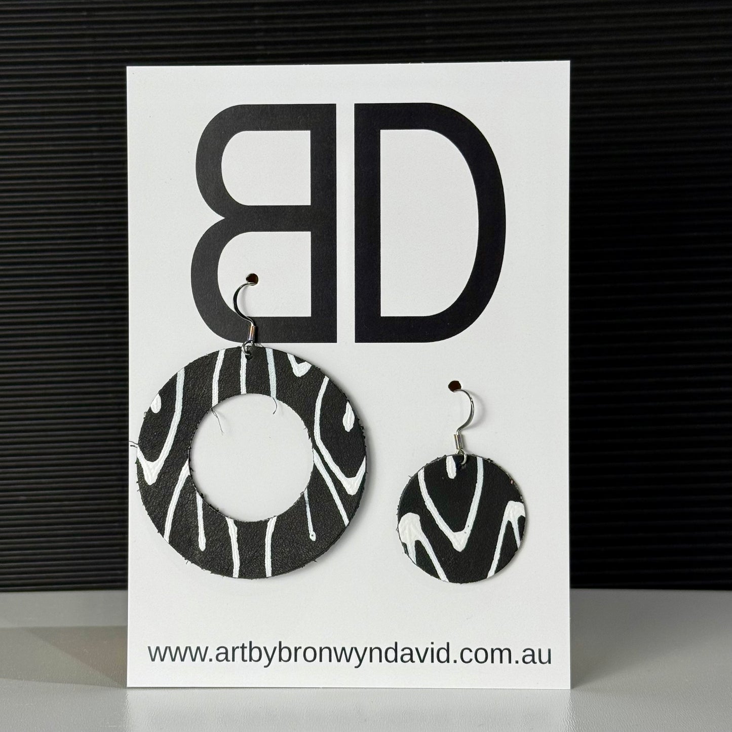 Disc Earrings Black and White | Aboriginal Leather Earrings | Art by Bronwyn David