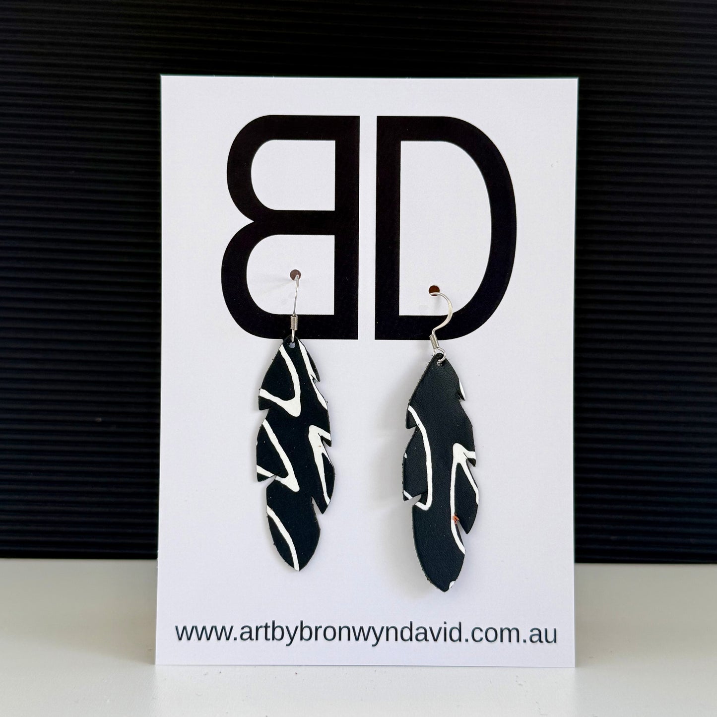 Feather’s Black and White | Aboriginal Leather Earrings | Art by Bronwyn David