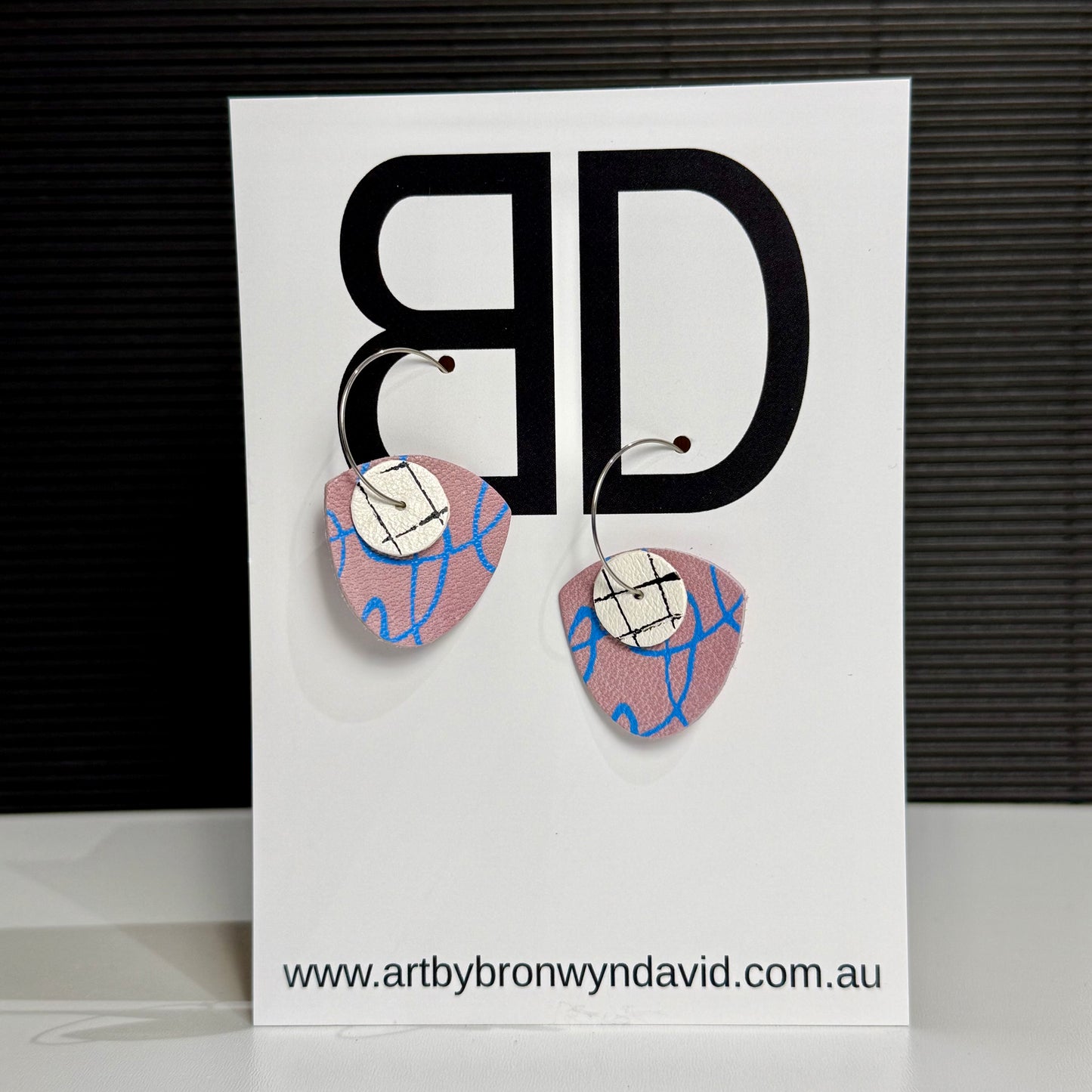 Mini Statement Hoops Mauve and Blue | Aboriginal Leather Earrings | Art by Bronwyn David