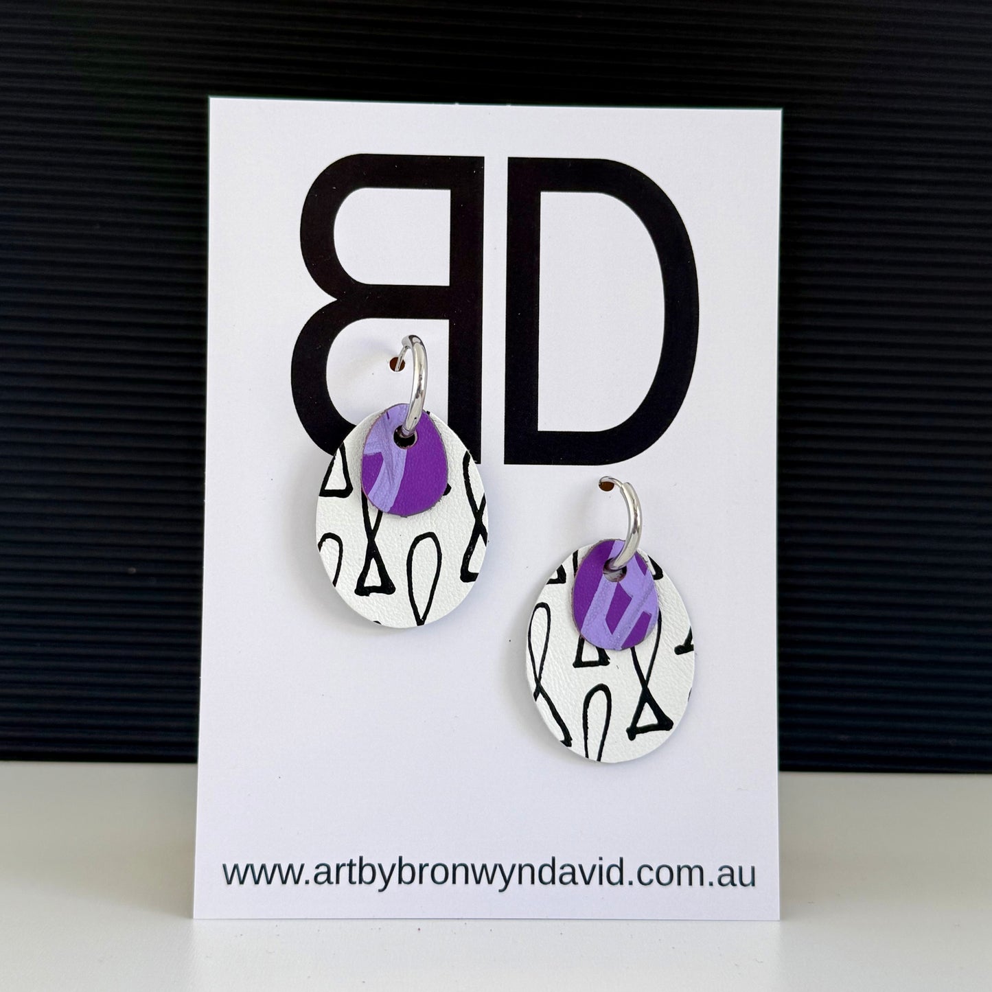 Interchangeable Huggies Purple | Aboriginal Leather Earrings | Art by Bronwyn David