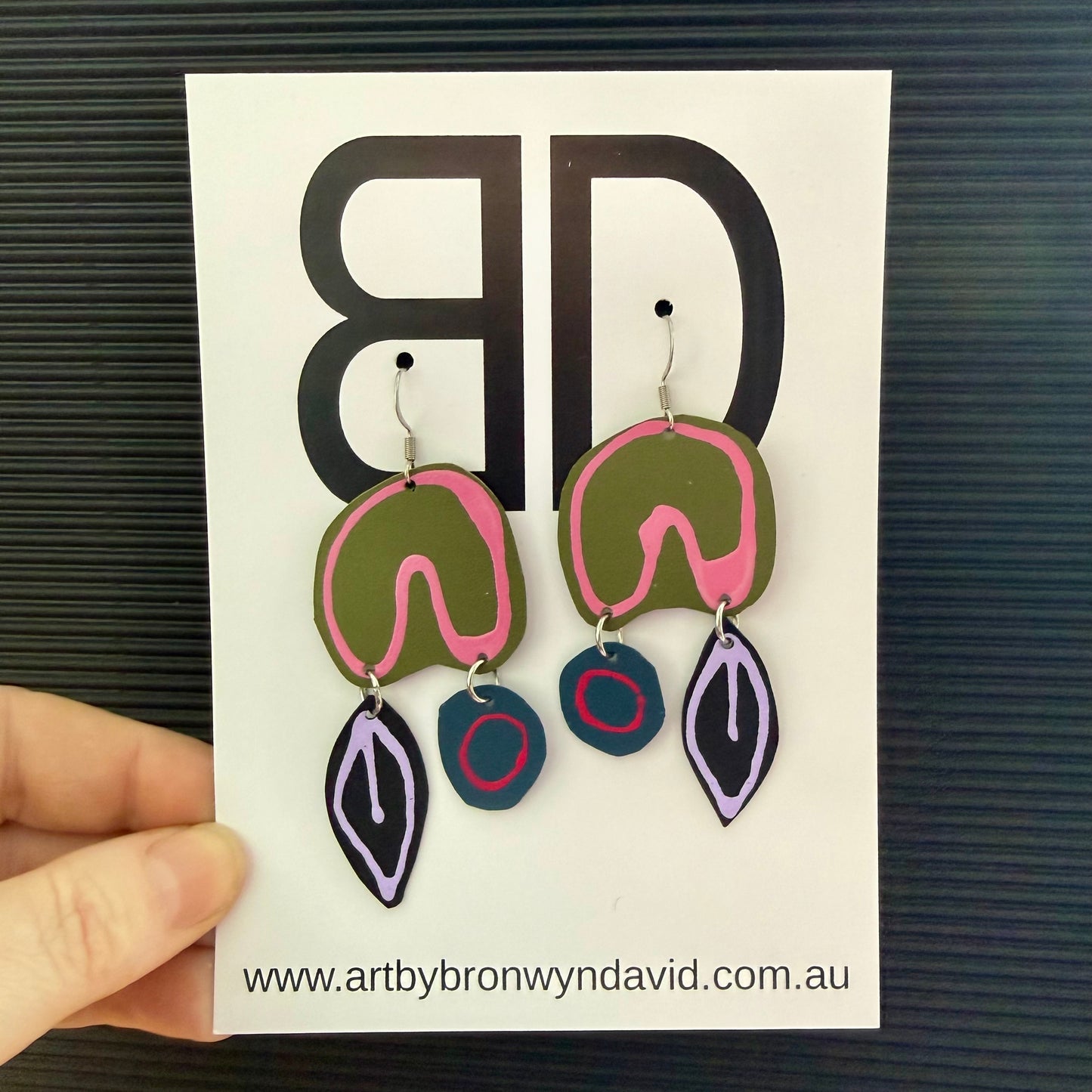 NAIDOC Collection, green and pink my people | Aboriginal Leather Earrings | Art by Bronwyn David