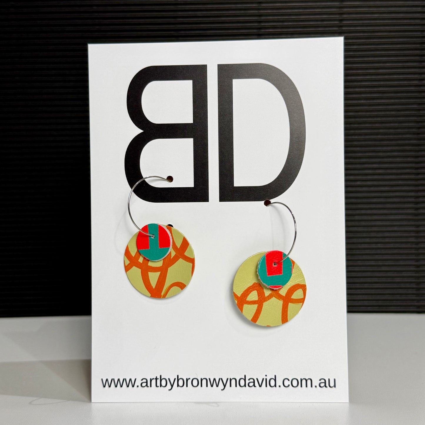 Moon Hoops DoubleOrange and Teal | Aboriginal Leather Earrings | Art by Bronwyn David