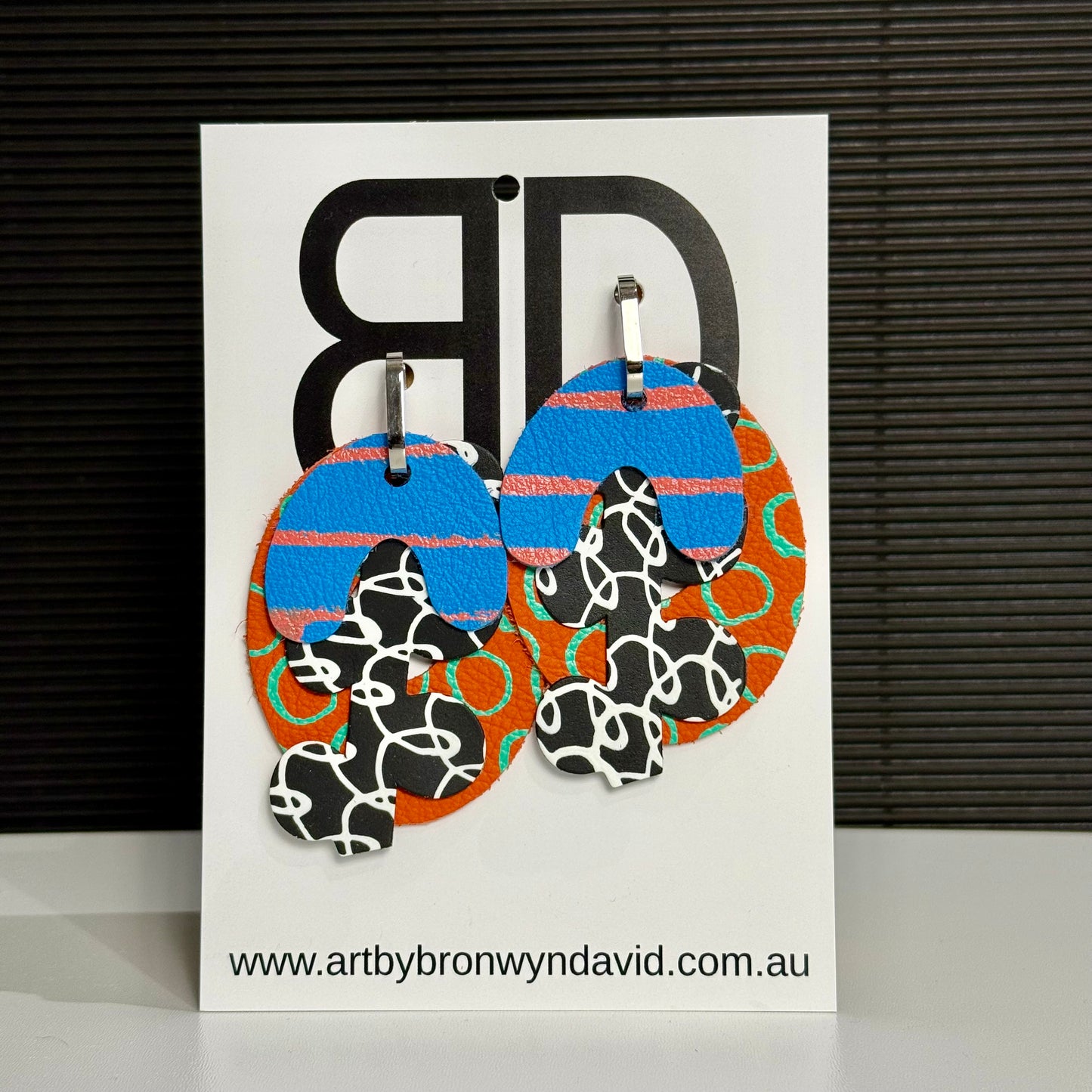 Interchangeable Connections Blue and Orange | Aboriginal Leather Earrings | Art by Bronwyn David