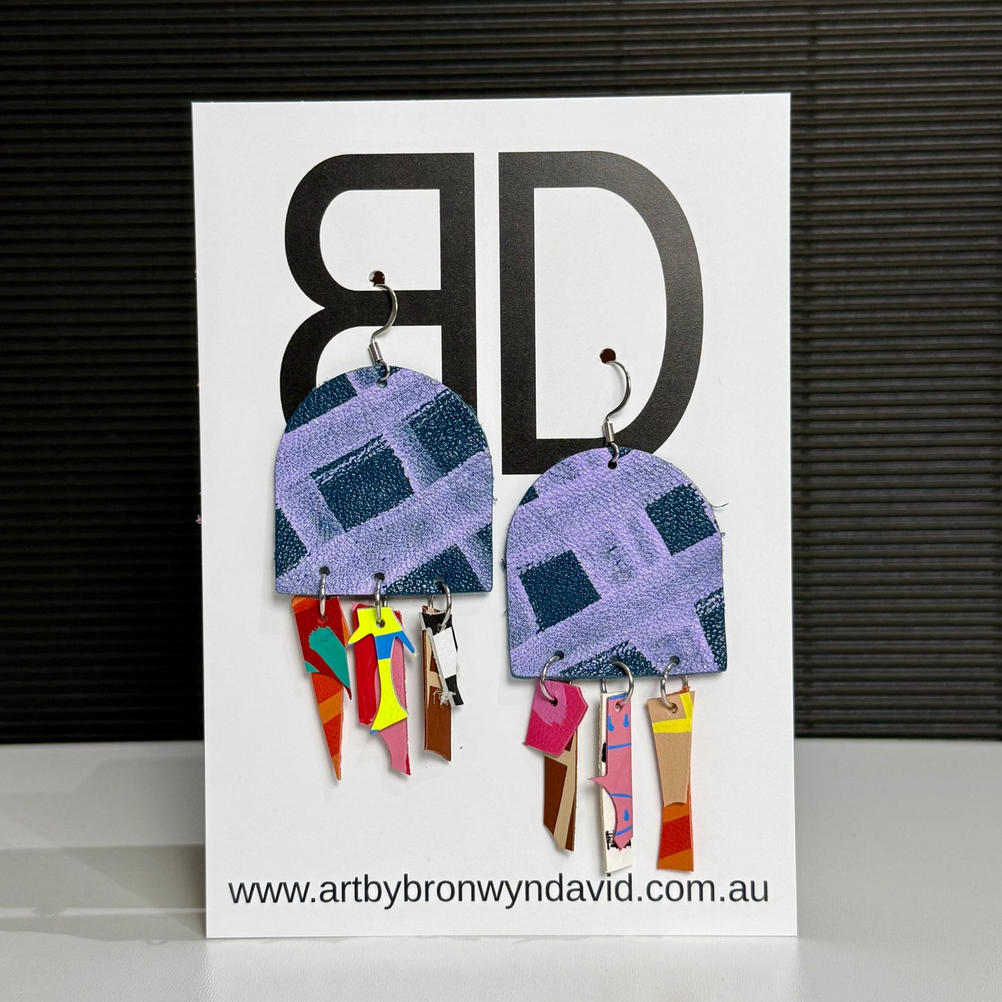 Large Arch Drop Navy and Purple | Aboriginal Leather Earrings | Art by Bronwyn David