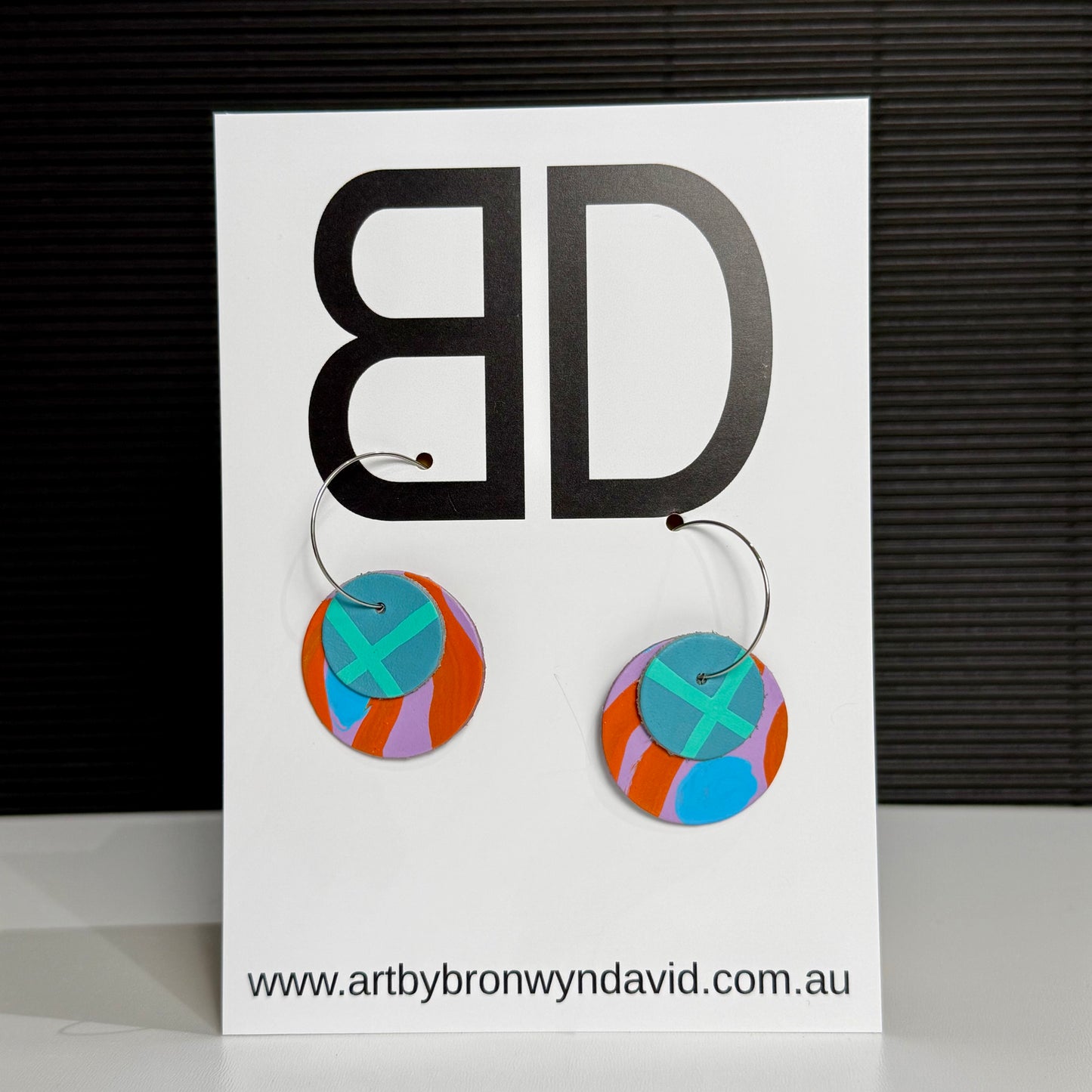 Moon Hoops DoubleOrange and Blue | Aboriginal Leather Earrings | Art by Bronwyn David