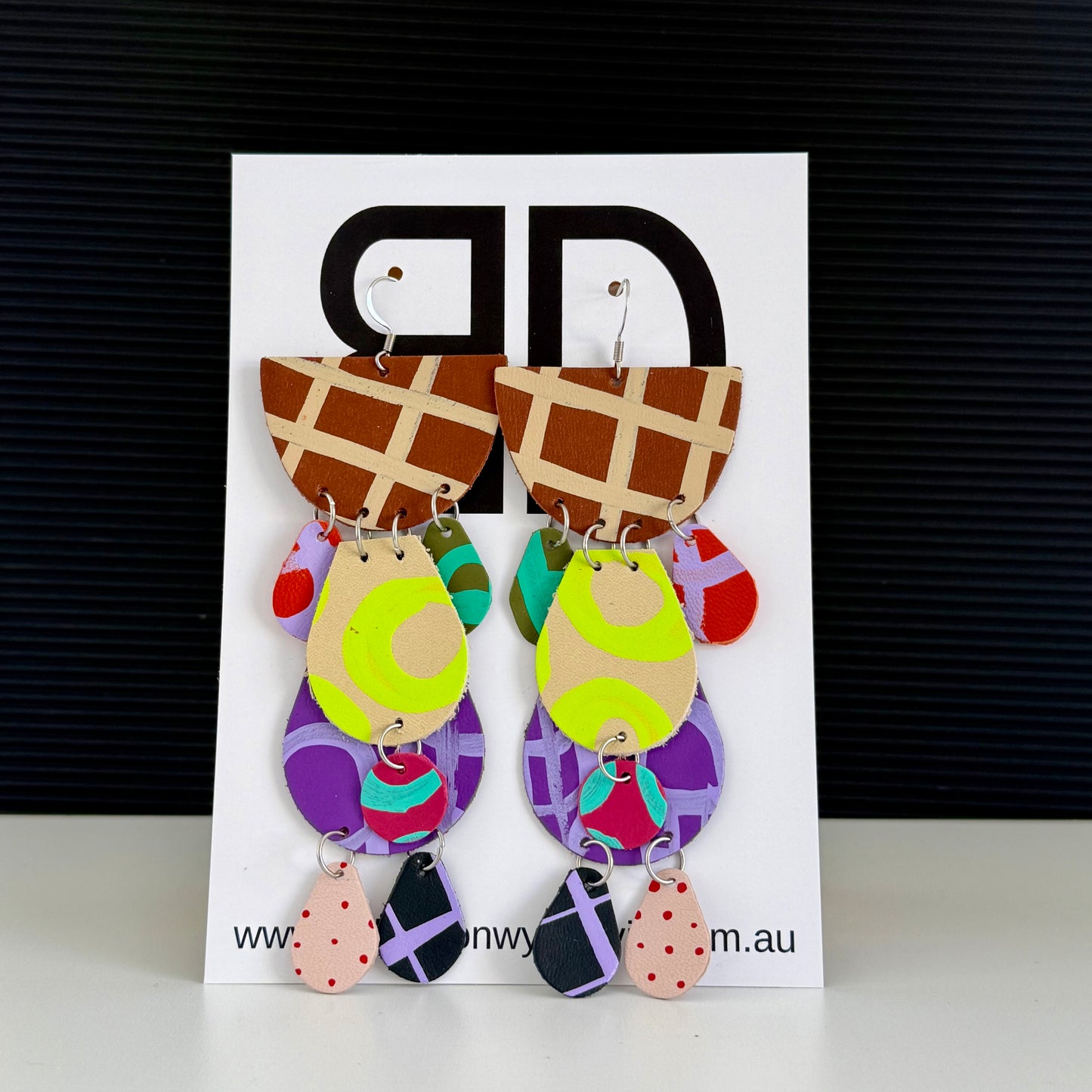Half Moon Mega Statement Earrings Brown and Beige | Aboriginal Leather Earrings | Art by Bronwyn David