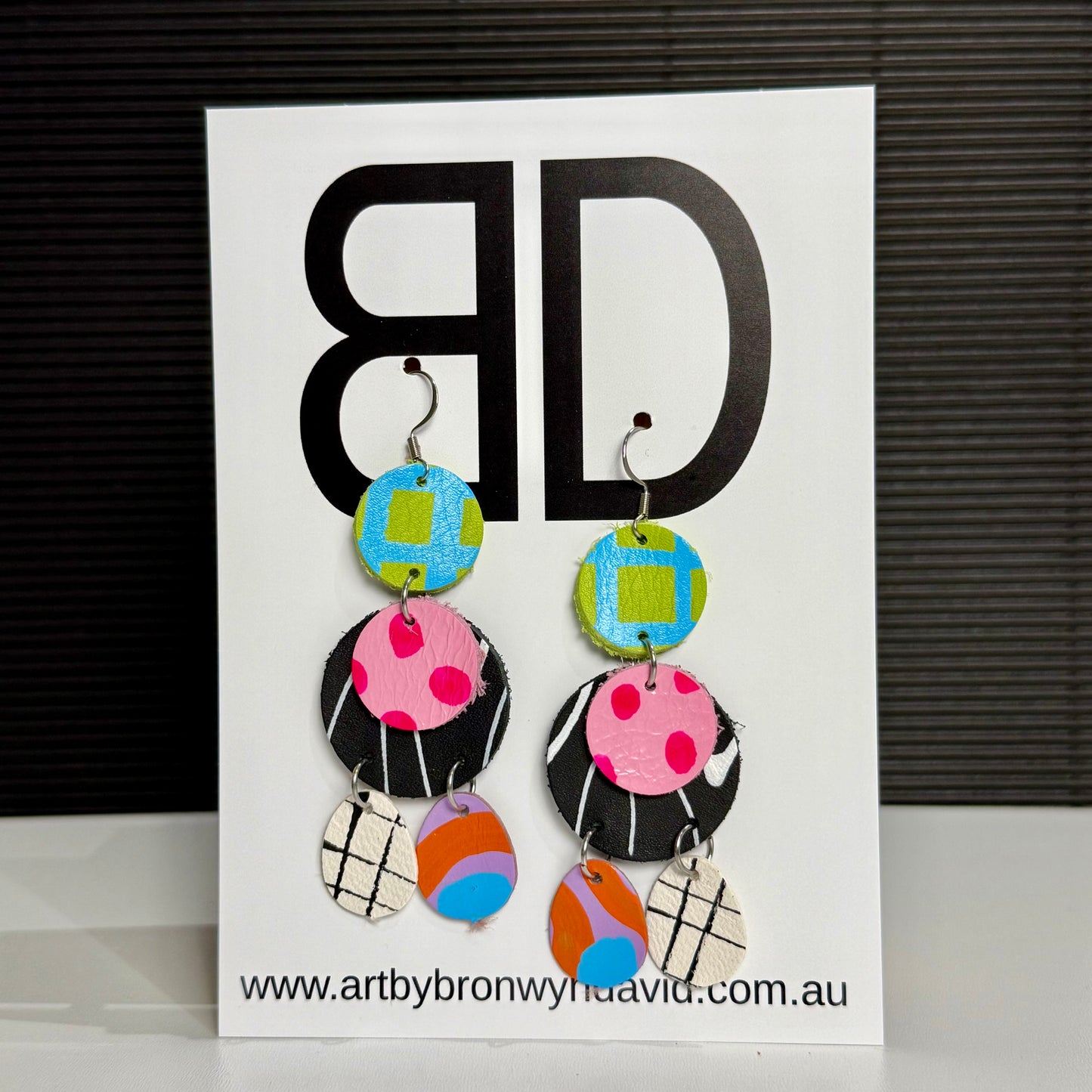 Triple Drop Trio Green and Blue | Aboriginal Leather Earrings | Art by Bronwyn David