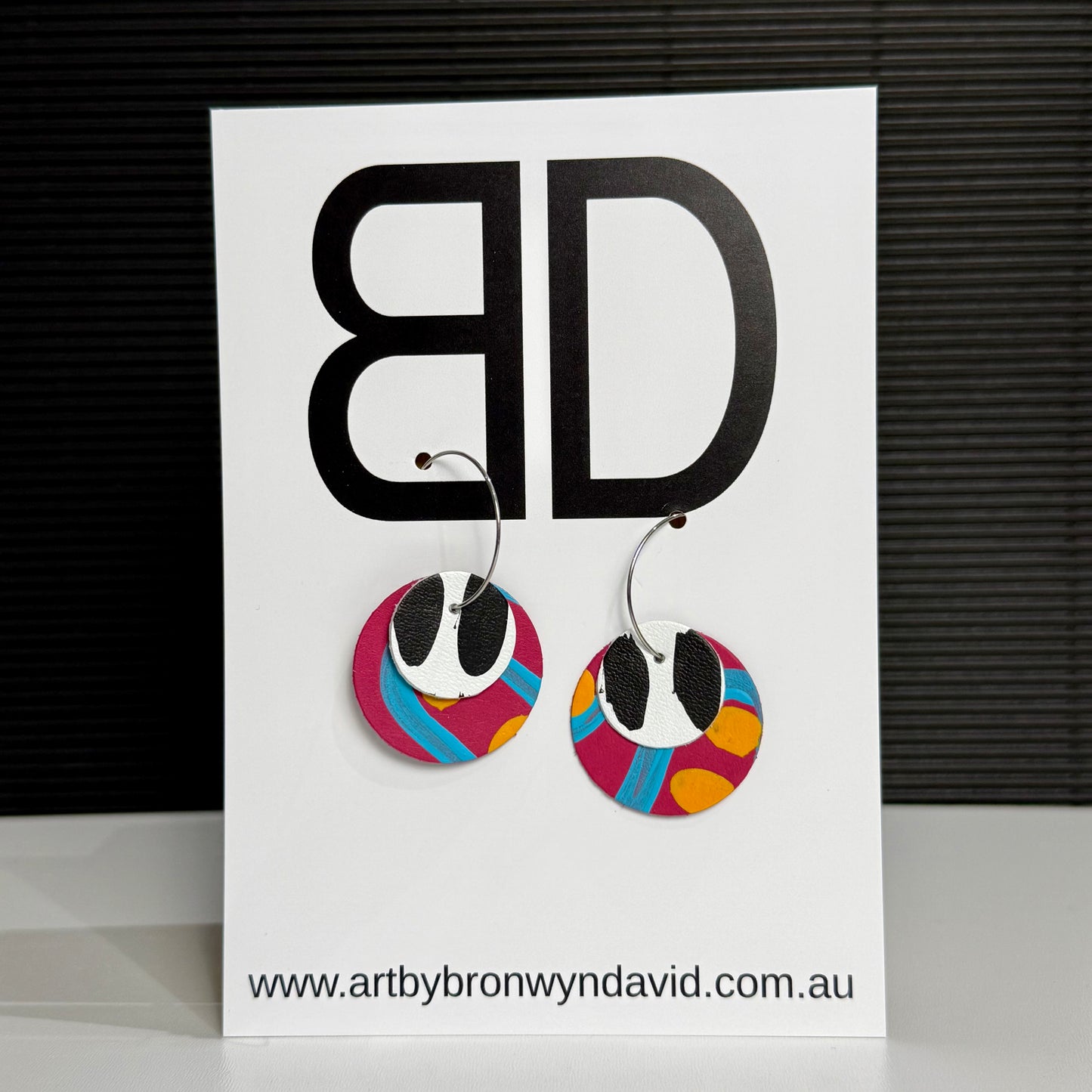 Moon Hoops Double Blue and Pink | Aboriginal Leather Earrings | Art by Bronwyn David