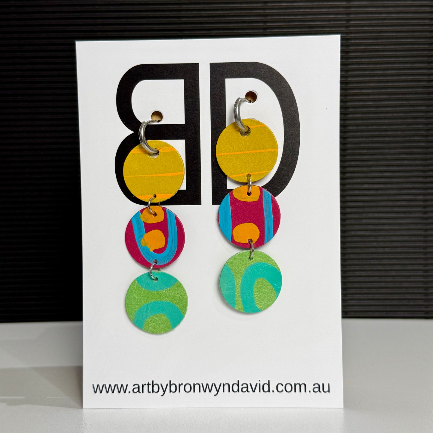 Huggie Drops Yellow | Aboriginal Leather Earrings | Art by Bronwyn David
