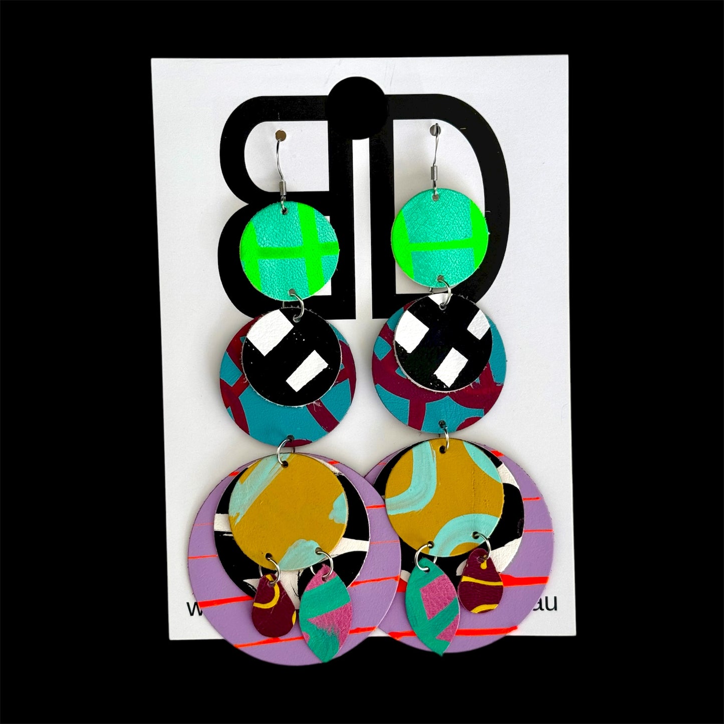 Triple Tier XL - Handmade Painted Leather Earrings - Lightweight Statement Jewellery - Aboriginal Design | Artisan Crafted