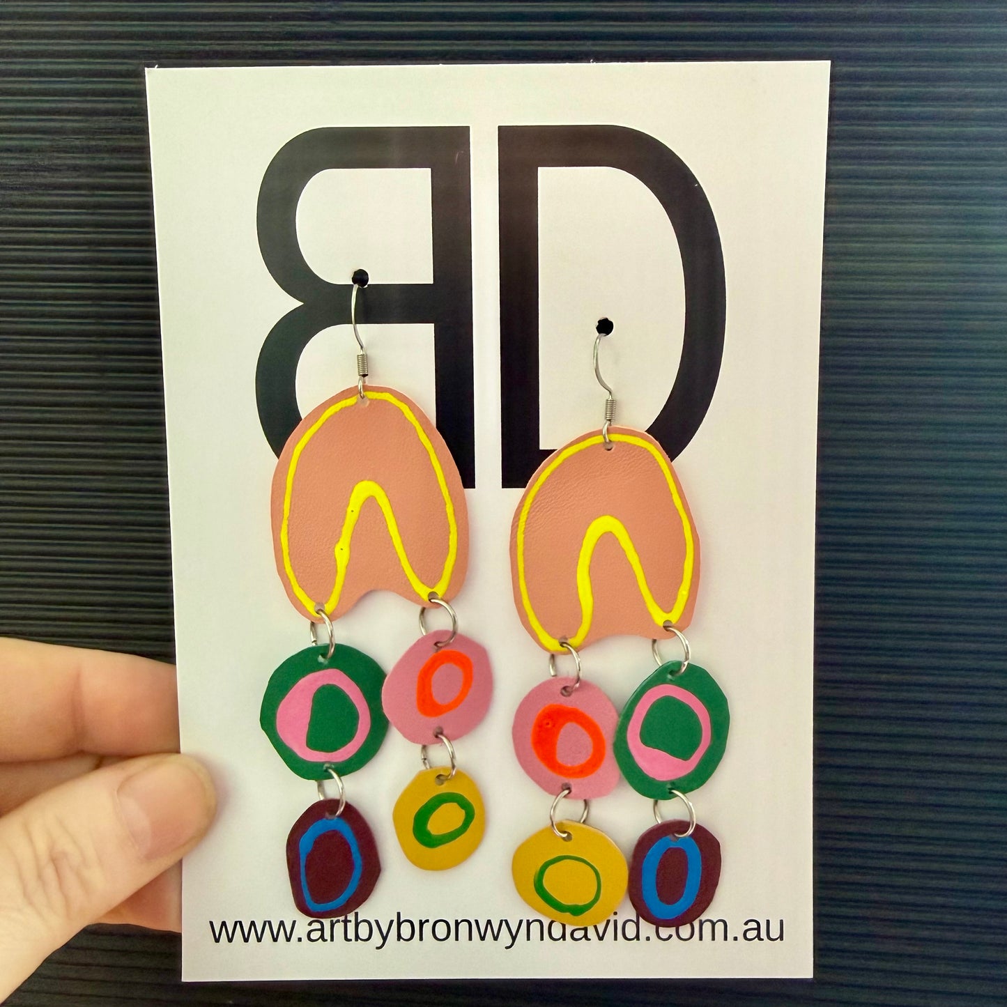 NAIDOC Collection, peach and yellow My People | Aboriginal Leather Earrings | Art by Bronwyn David