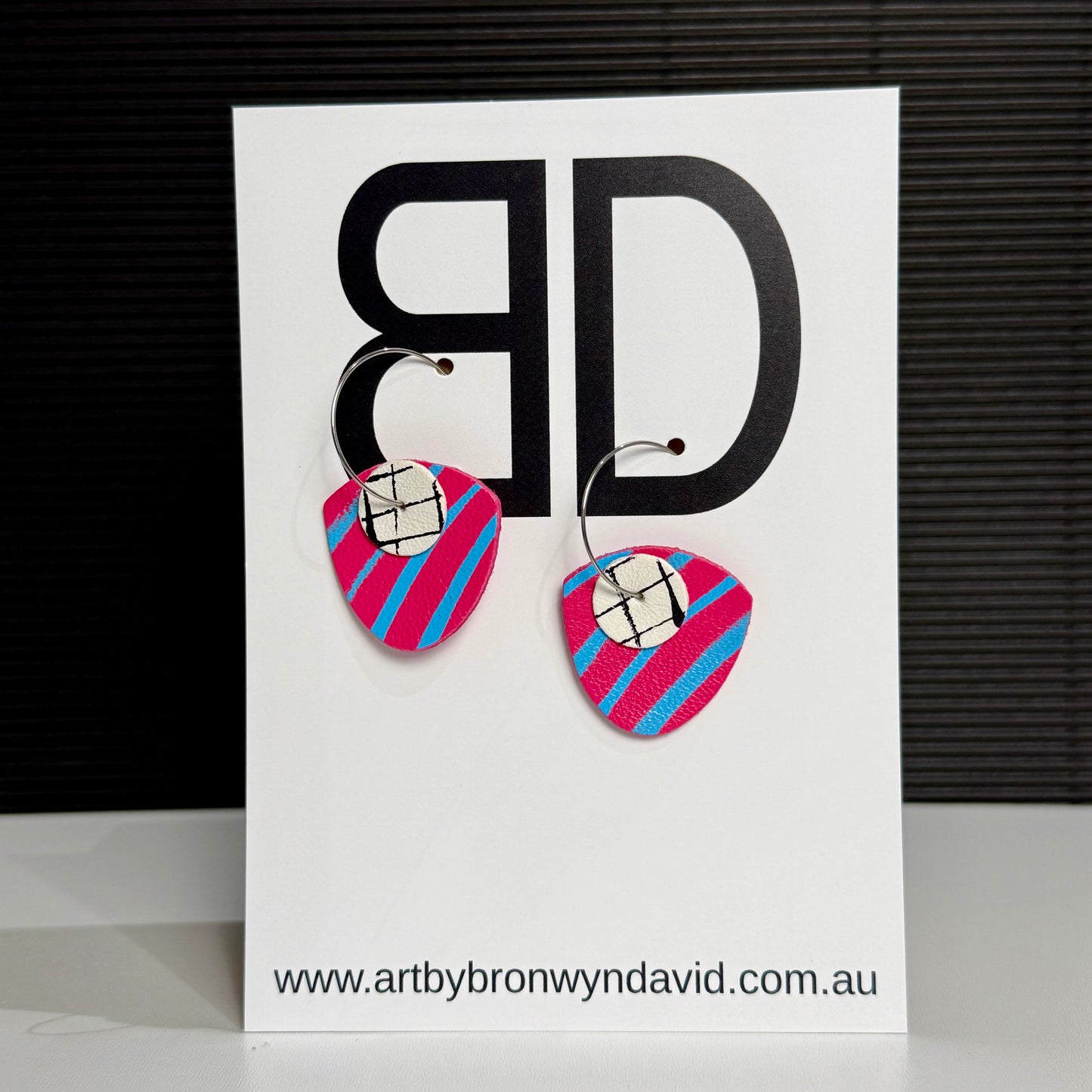 Mini Statement Hoops Pink and Blue | Aboriginal Leather Earrings | Art by Bronwyn David