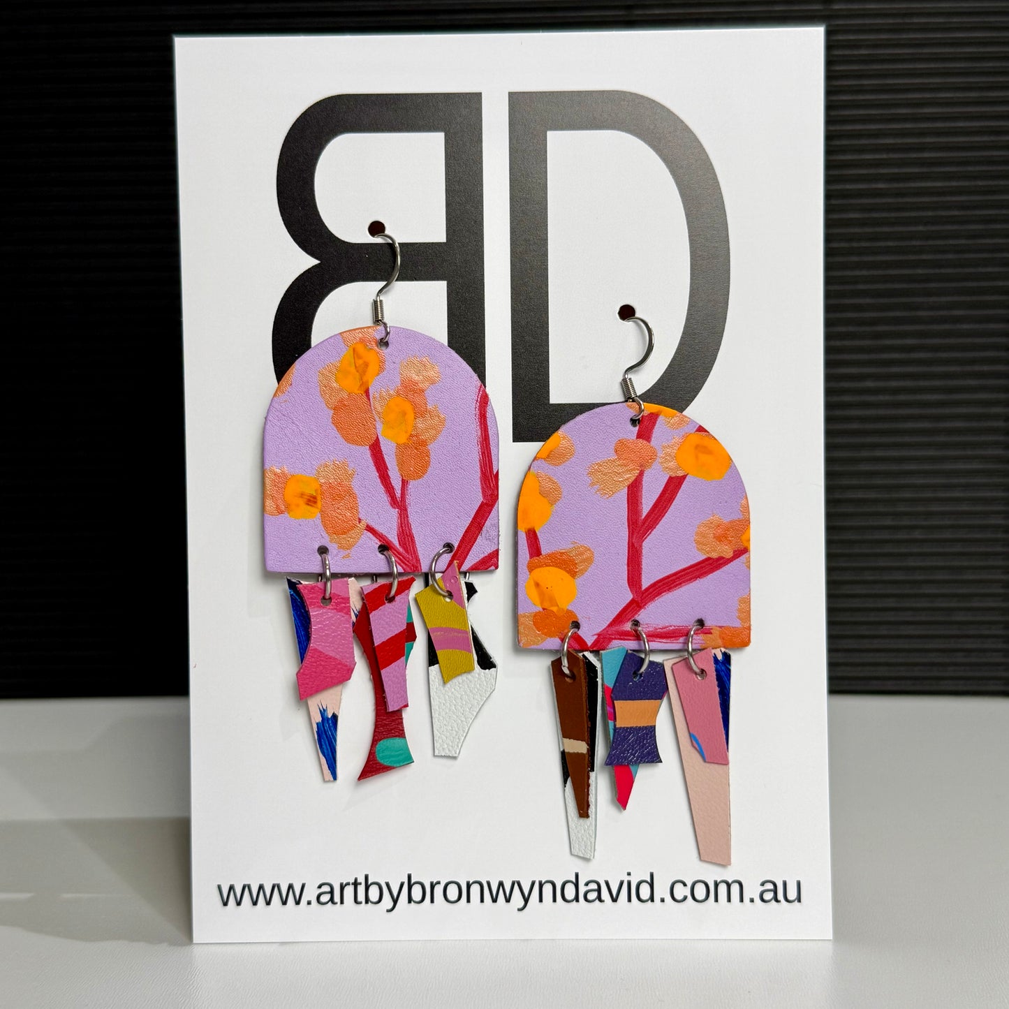 Large Arch Drop Orange and Purple | Aboriginal Leather Earrings | Art by Bronwyn David
