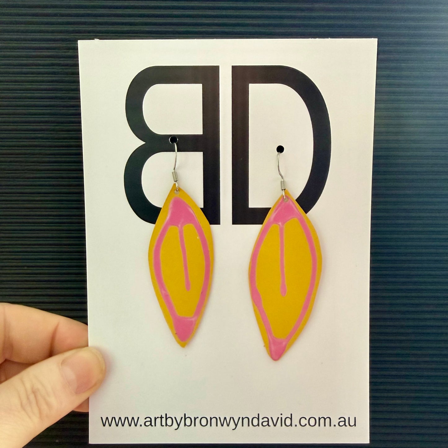 NAIDOC Collection, yellow and pink gum leaves | Aboriginal Leather Earrings | Art by Bronwyn David