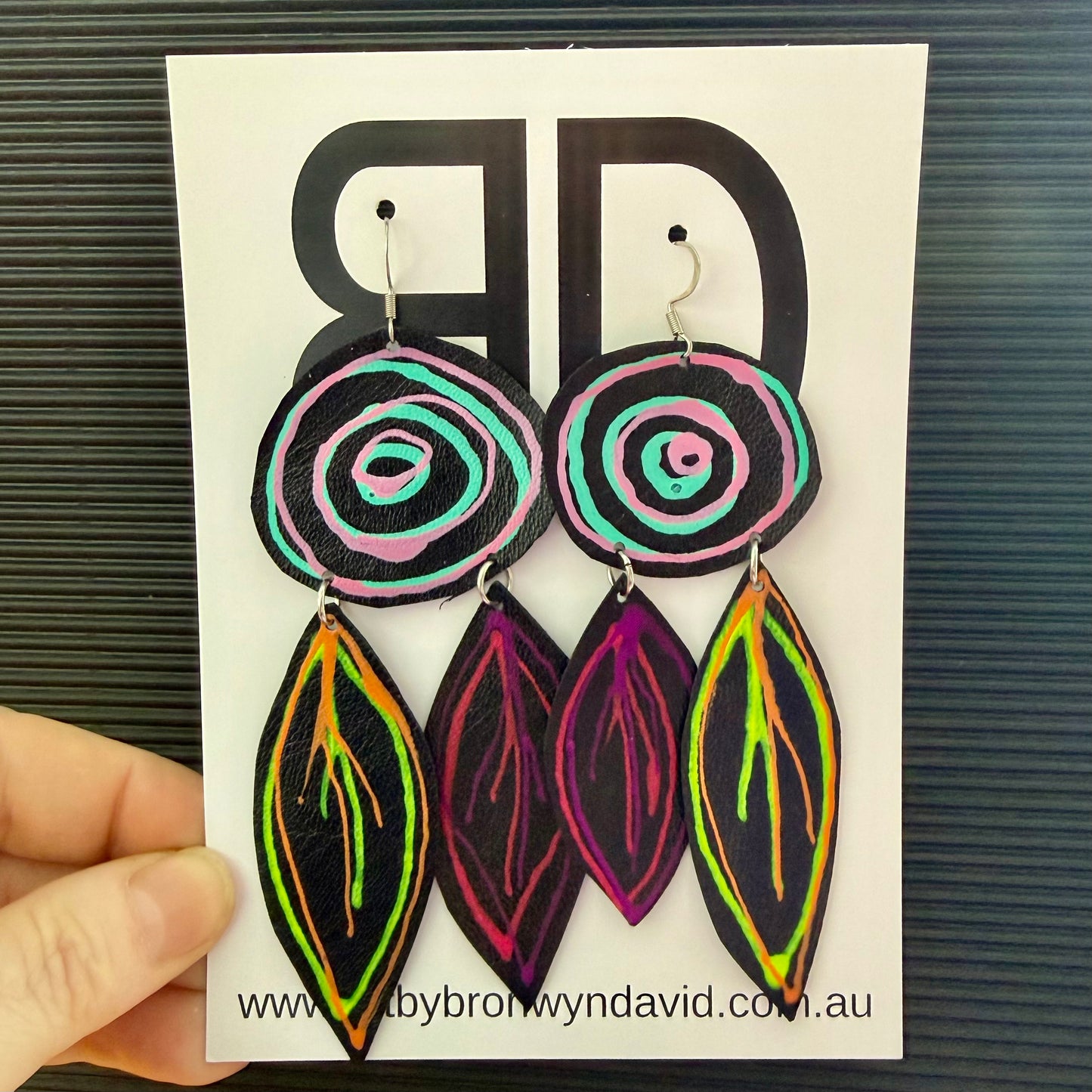 NAIDOC Collection, Black, Green and Purple Gathering Place | Aboriginal Leather Earrings | Art by Bronwyn David