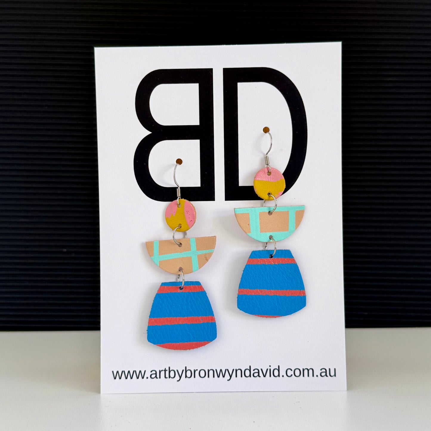 Totem’s blue and Orange | Aboriginal Leather Earrings | Art by Bronwyn David