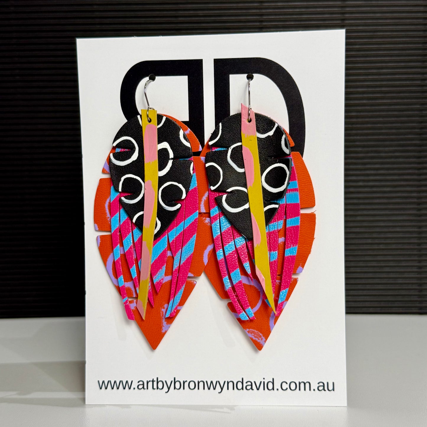 Aunty Feathers Pink and Blue | Aboriginal Leather Earrings | Art by Bronwyn David