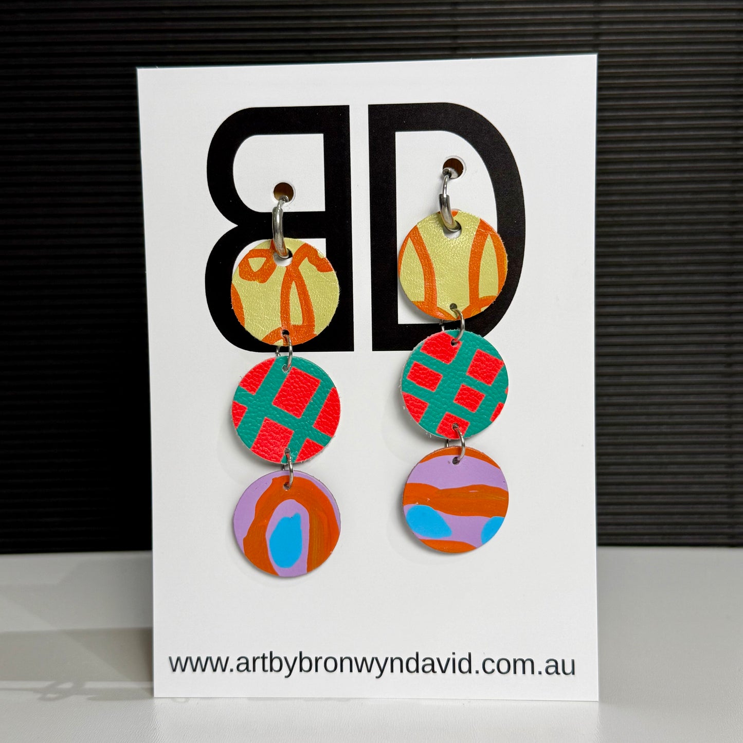 Huggie Drops Neon Red | Aboriginal Leather Earrings | Art by Bronwyn David