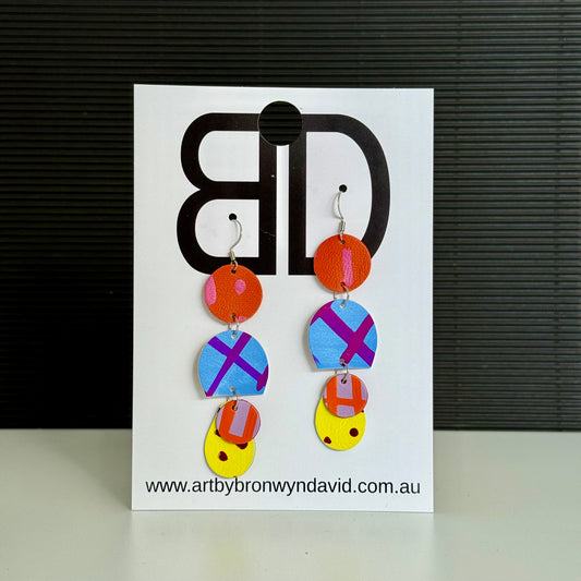 Triple Drops - Handmade Painted Leather Earrings - Lightweight Statement Jewellery | Artisan Crafted
