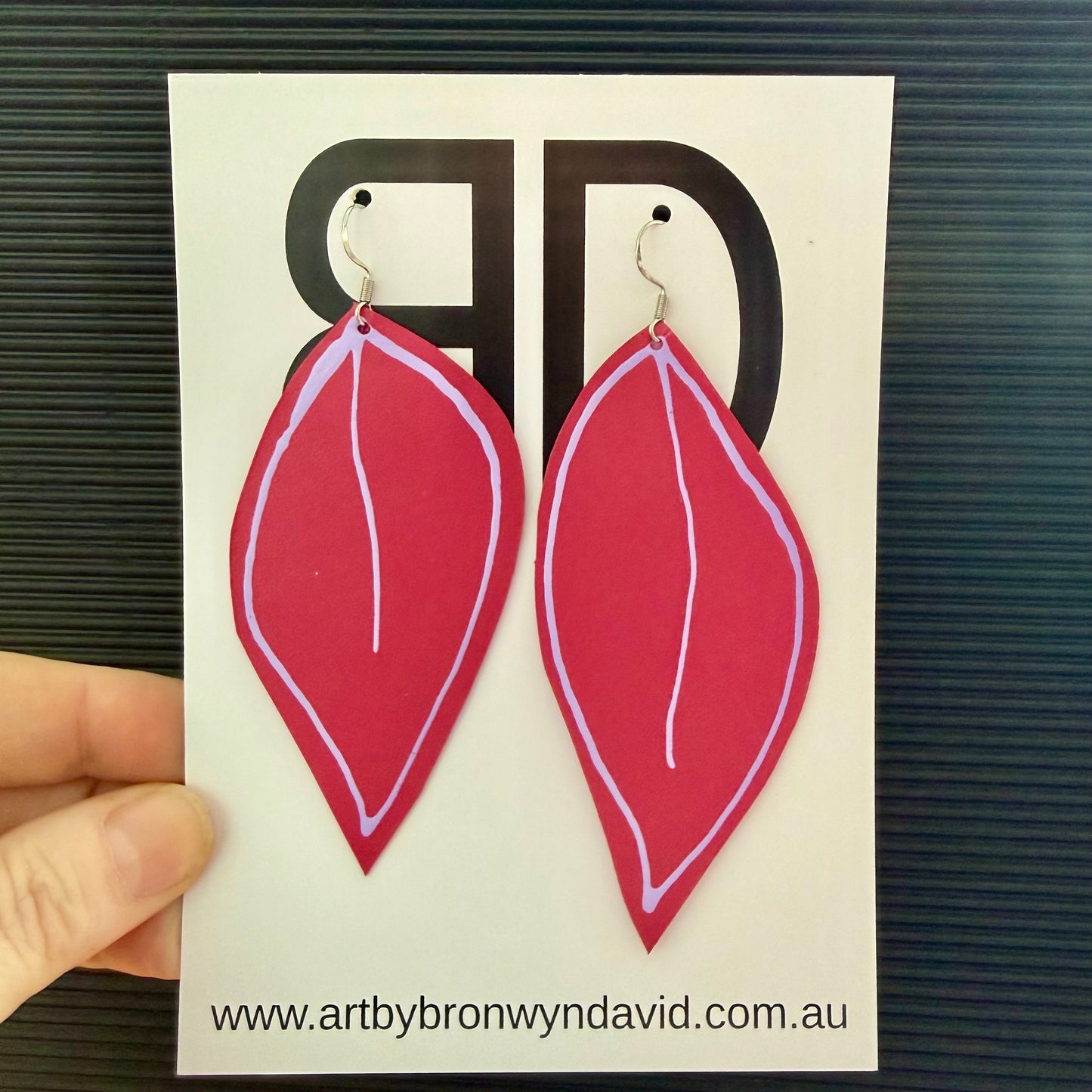 NAIDOC Collection, pink and purple gum leaves | Aboriginal Leather Earrings | Art by Bronwyn David