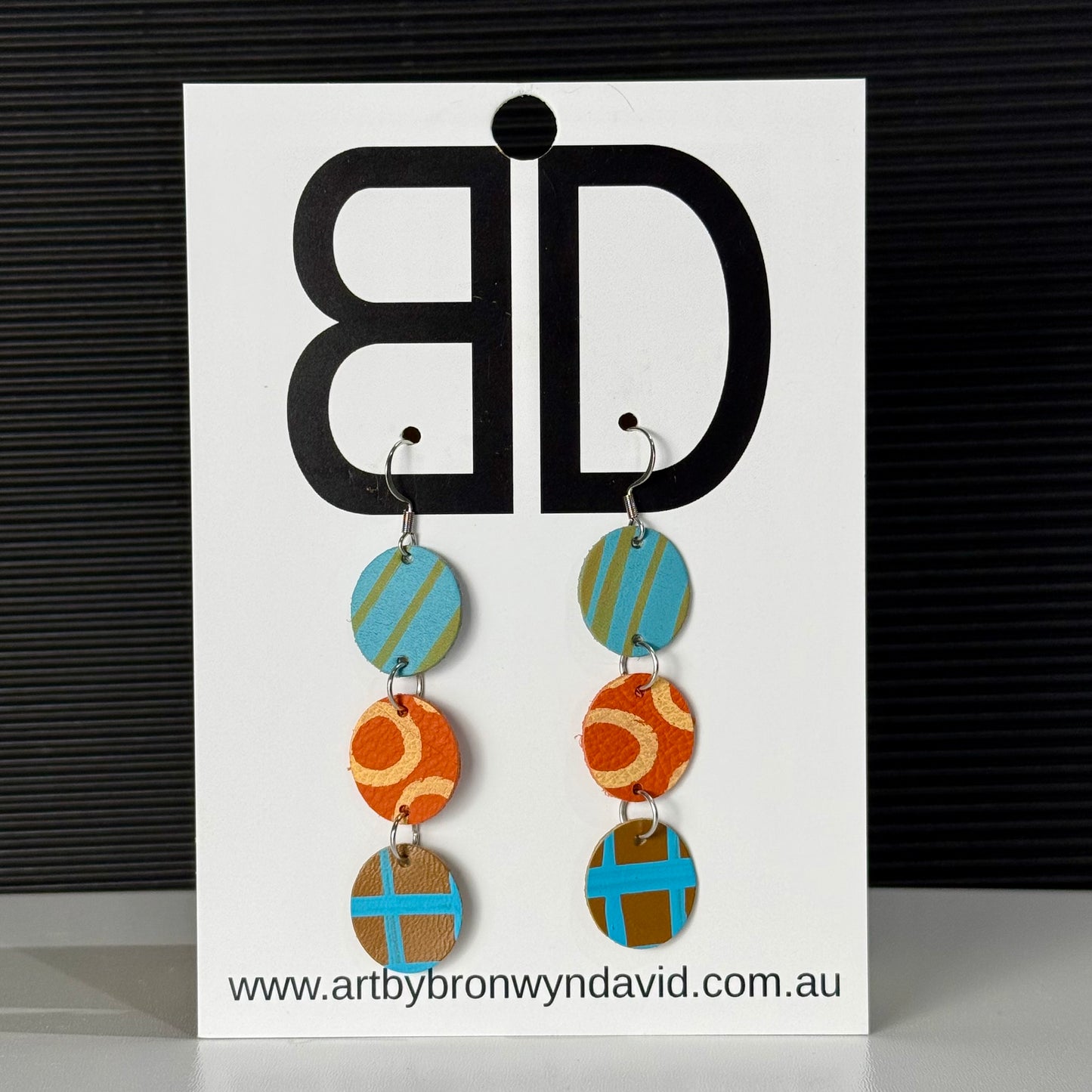 Statement Earrings Blue and Taupe | Aboriginal Leather Earrings | Art by Bronwyn David