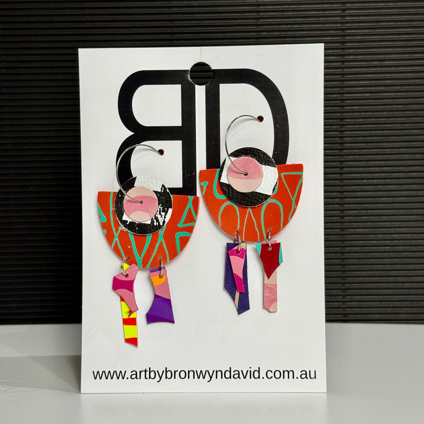 Interchangeable Hoops Orange and Teal | Aboriginal Leather Earrings | Art by Bronwyn David
