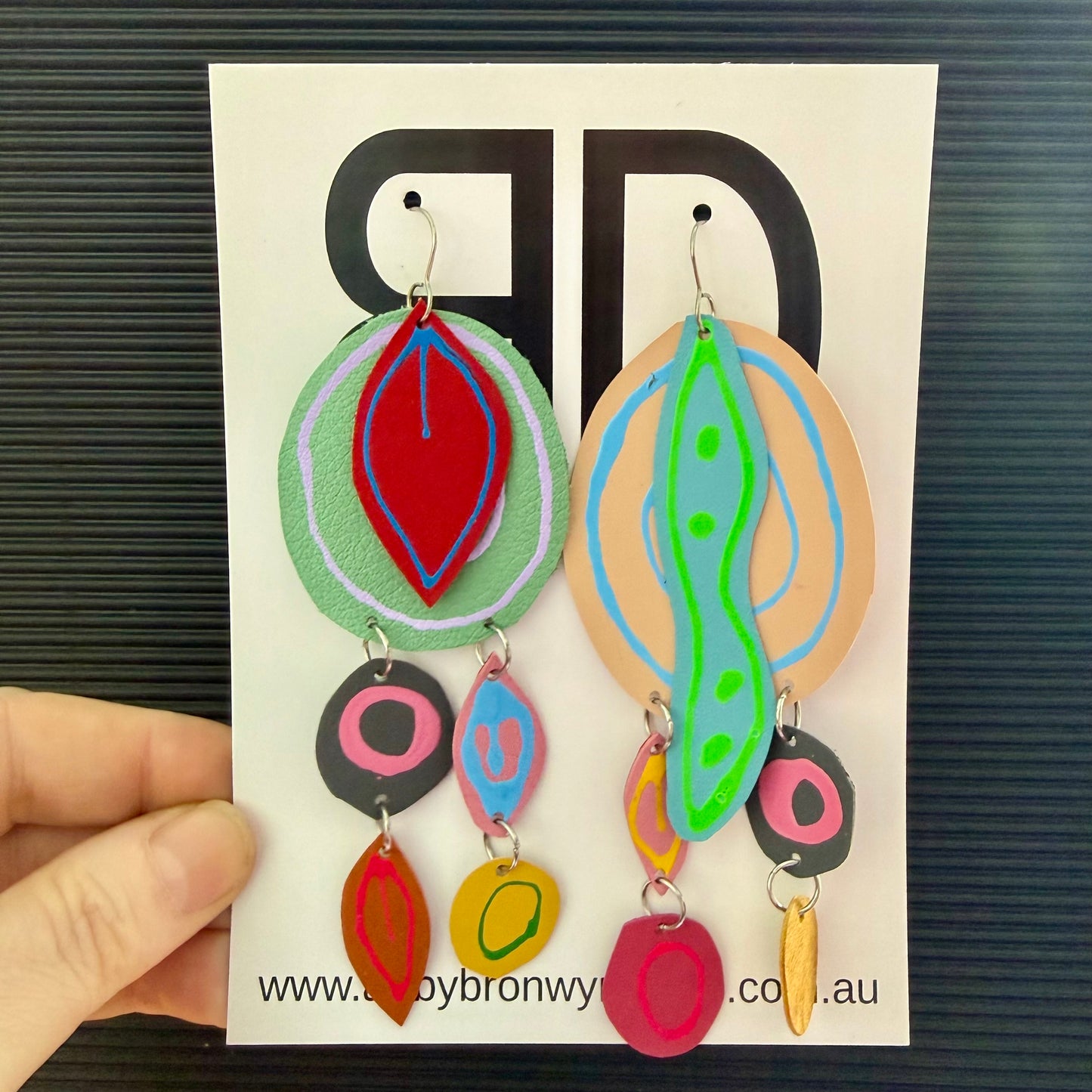 NAIDOC Collection Mismatch Green and Fawn Gathering Place | Aboriginal Leather Earrings | Art by Bronwyn David