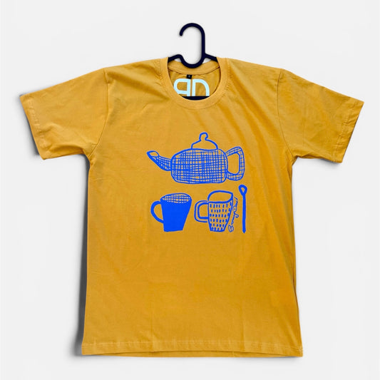 Yellow T Shirt - Pot of Tea | Authentic Trawlwoolway First Nations Art T-Shirts | Indigenous Australian Designer Clothing | Cultural Wearable Art | Small-3XL