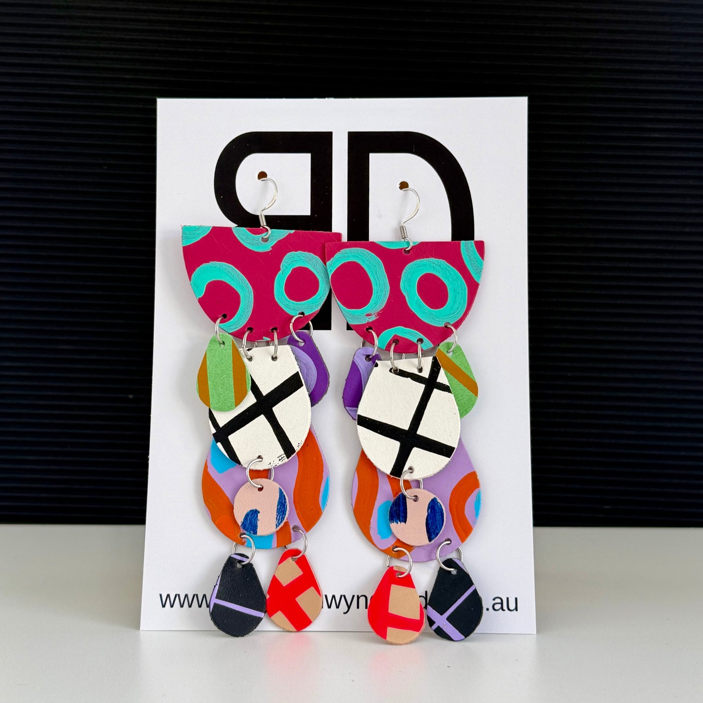 Half Moon Mega Statement Earrings Pink and Teal | Aboriginal Leather Earrings | Art by Bronwyn David