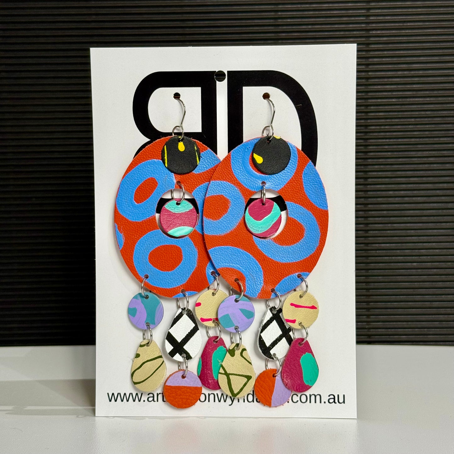 On Country Orange and Blue | Aboriginal Leather Earrings | Art by Bronwyn David