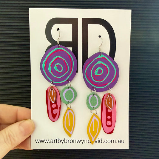 NAIDOC Collection, Purple, Green and Pink Gathering Place | Aboriginal Leather Earrings | Art by Bronwyn David