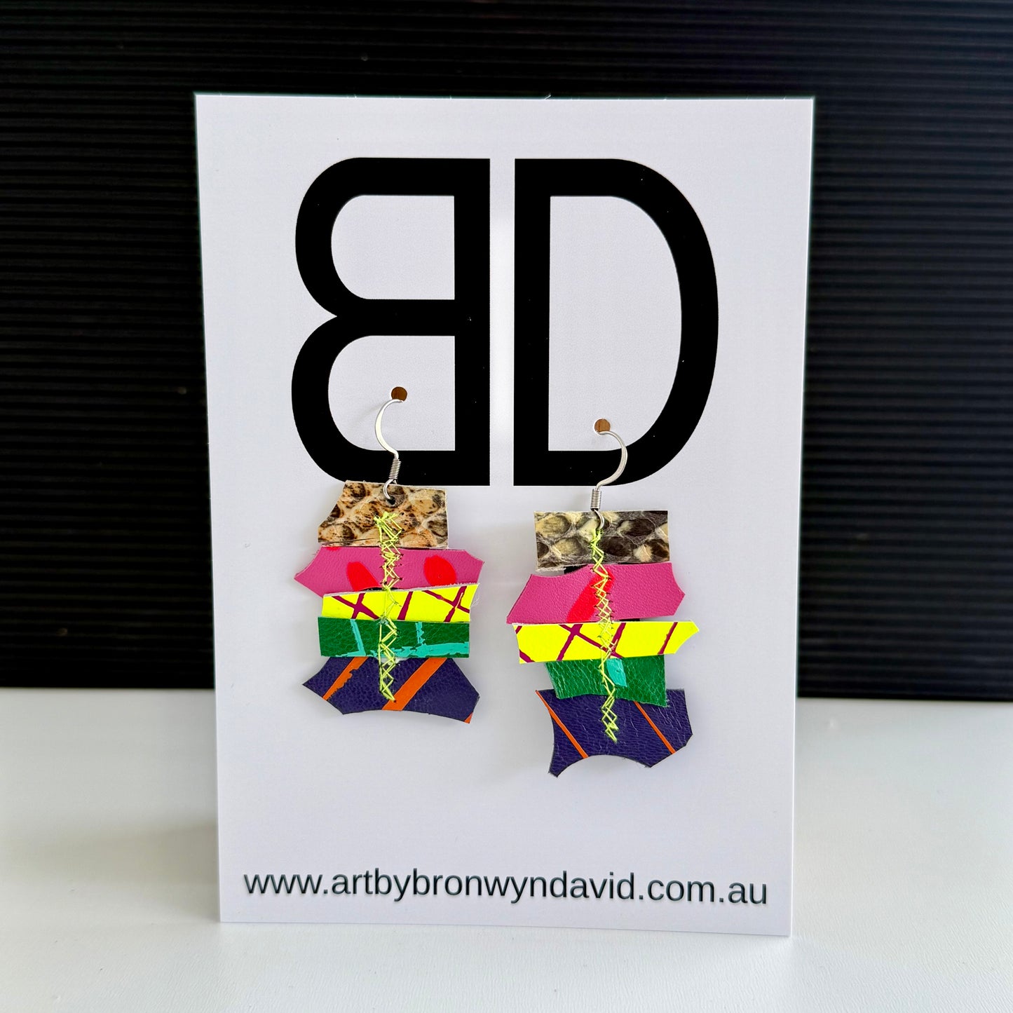 Scrap Stacks yellow and pink | Aboriginal Leather Earrings | Art by Bronwyn David