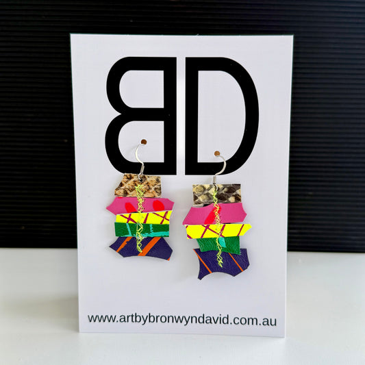 Scrap Stacks yellow and pink | Aboriginal Leather Earrings | Art by Bronwyn David
