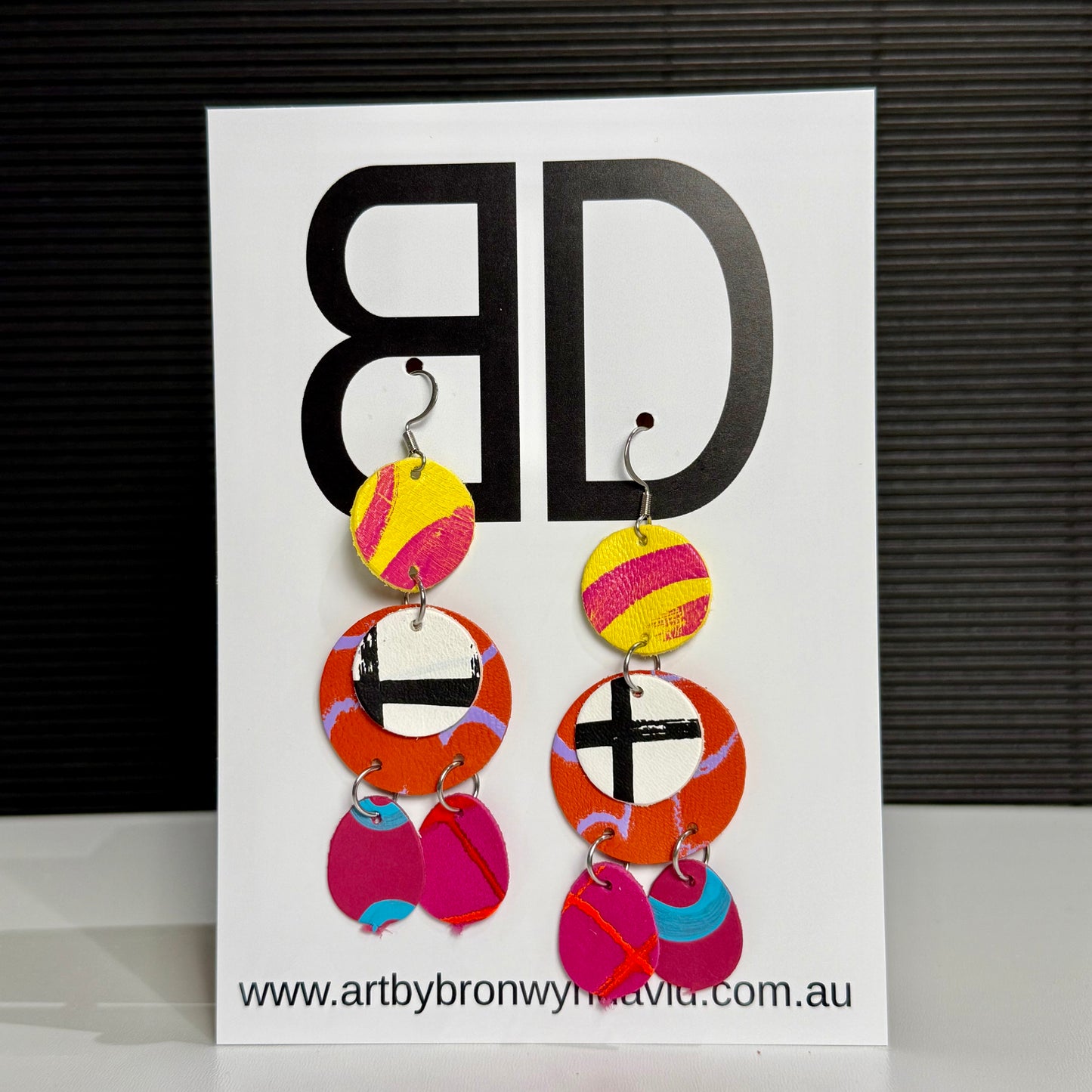 Triple Drop Trio Yellow and Pink | Aboriginal Leather Earrings | Art by Bronwyn David