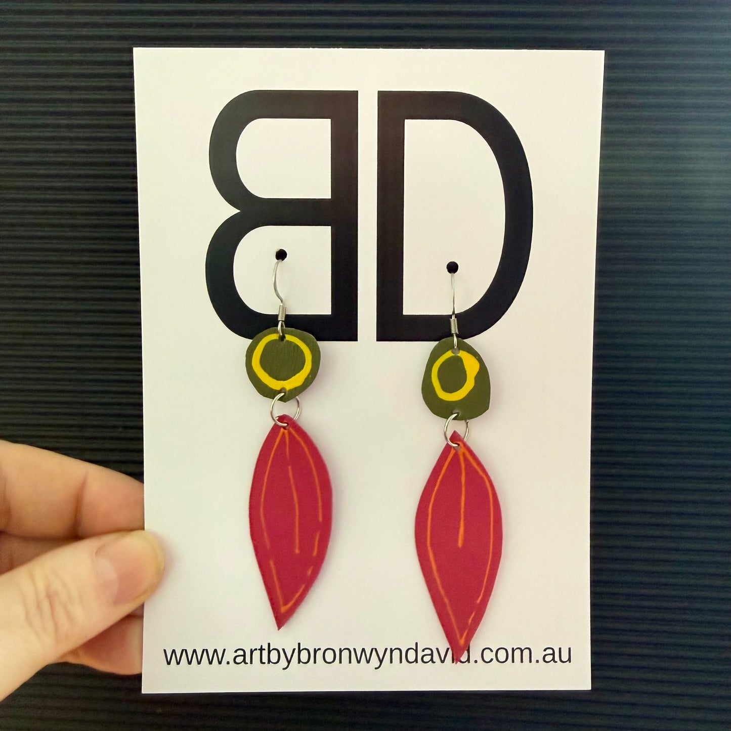 NAIDOC Collection, green and pink flowering gum | Aboriginal Leather Earrings | Art by Bronwyn David