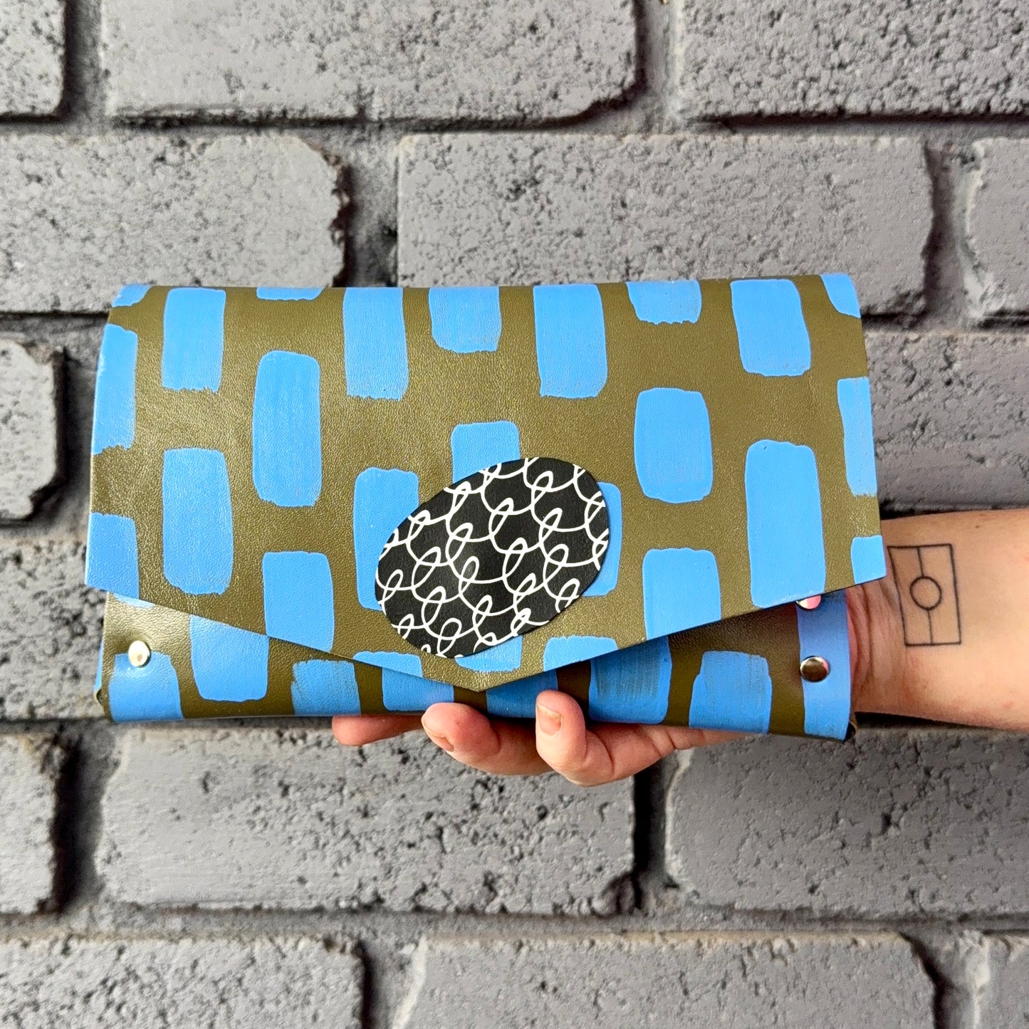 Handmade Hand-Painted Olive and Blue Leather Clutch Purse