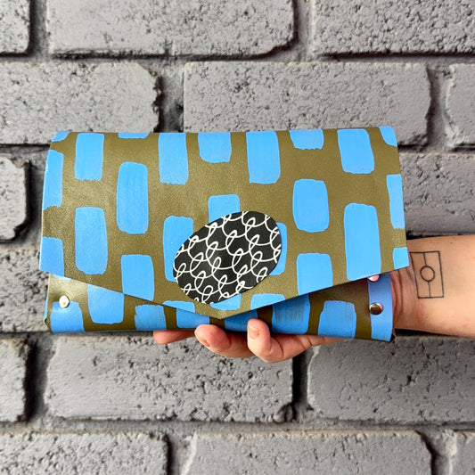 Handmade Hand-Painted Olive and Blue Leather Clutch Purse