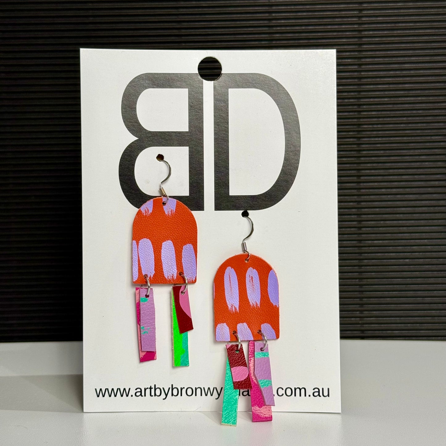 Long Arch Earrings Orange and Purple | Aboriginal Leather Earrings | Art by Bronwyn David