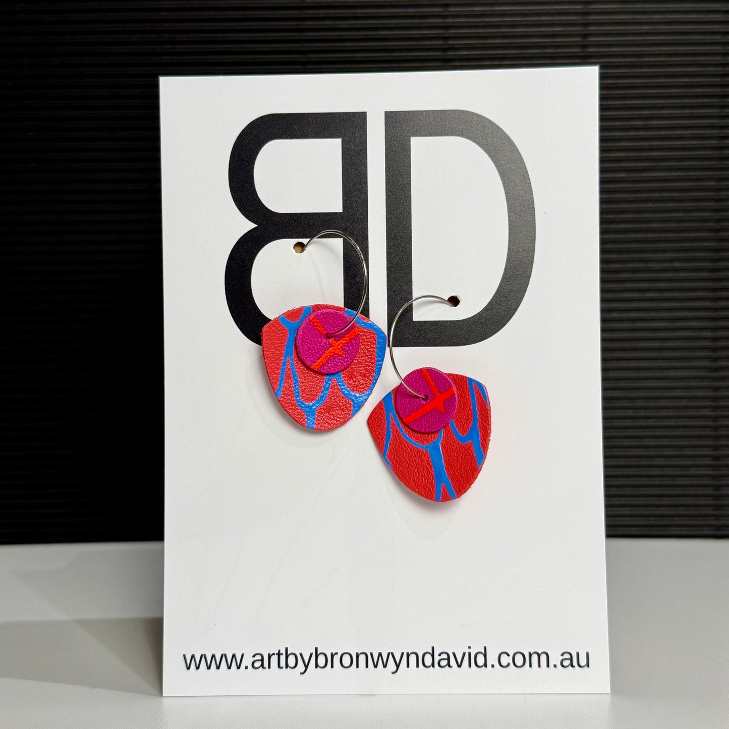 Mini Statement Hoops Orange and Blue | Aboriginal Leather Earrings | Art by Bronwyn David
