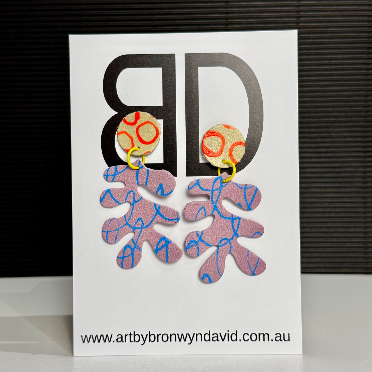 Kelp Earrings Mauve and Blue | Aboriginal Leather Earrings | Art by Bronwyn David